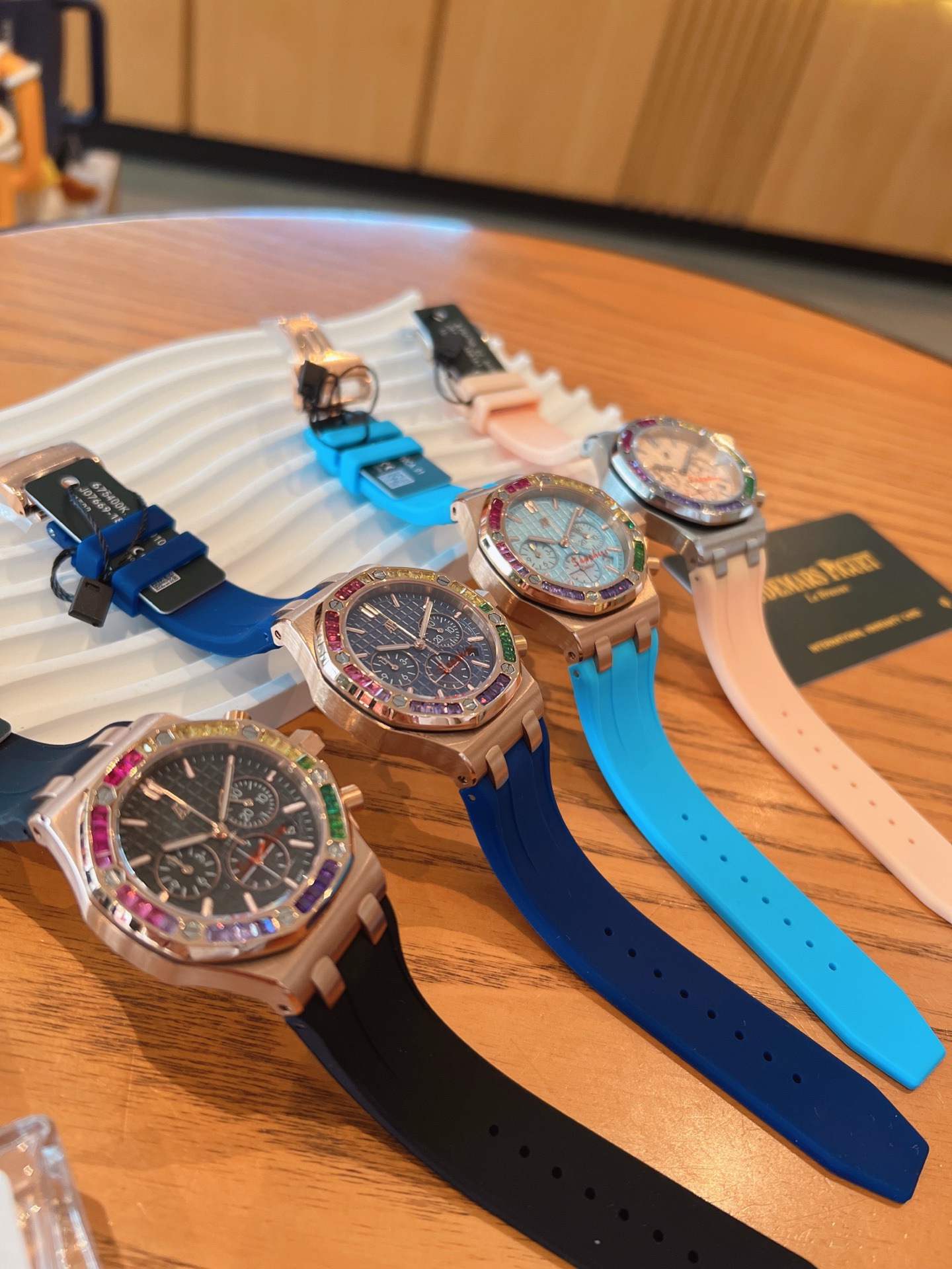 Audemars Piguet Royal Oak Offshore Ladies Watch 37mm, Rainbow Gemstone Bezel Rubber Strap Wristwatch