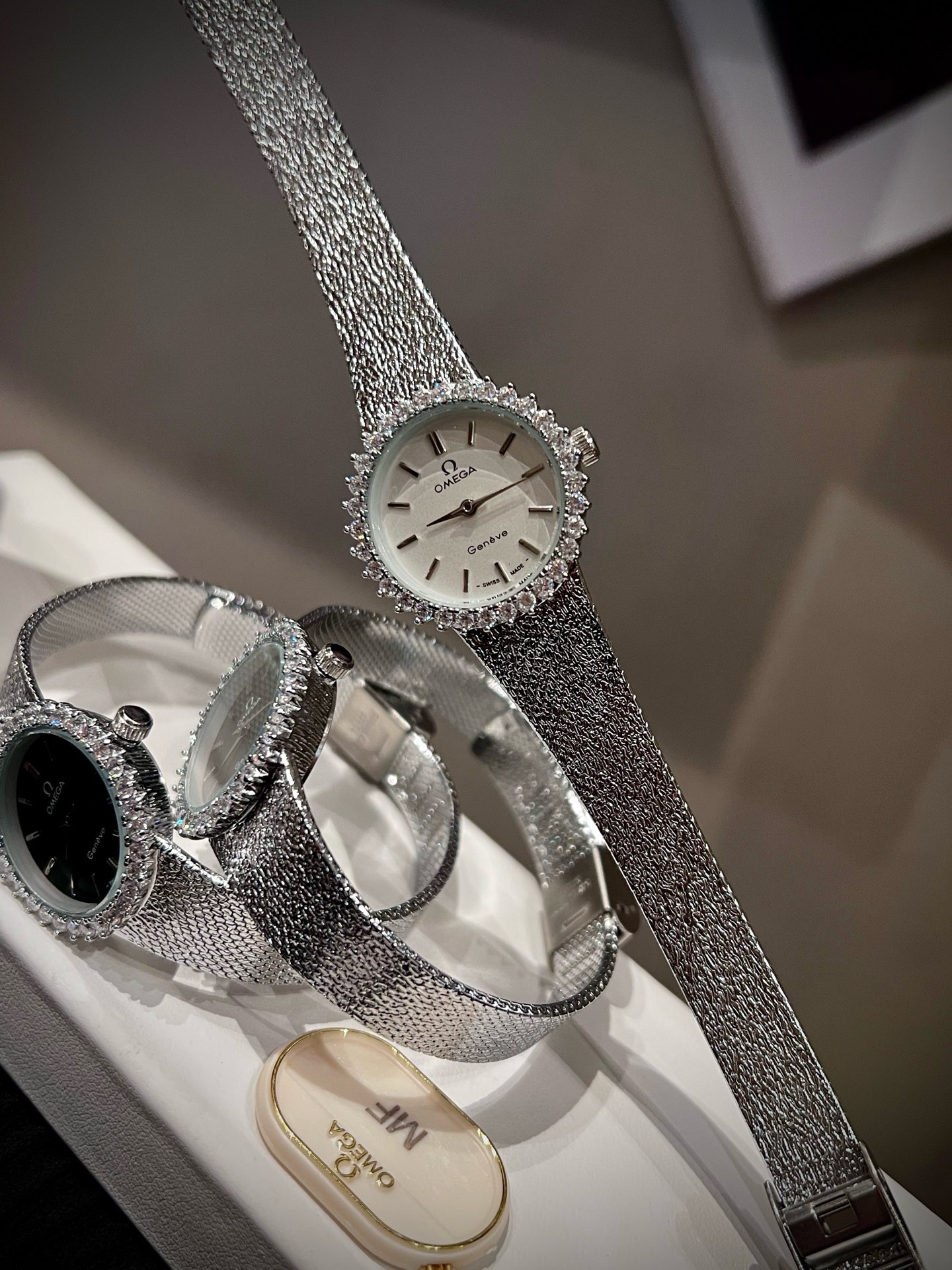 OMEGA Vintage Women Watch 26mm, Diamond Bezel Textured Leather Band Dress Watch