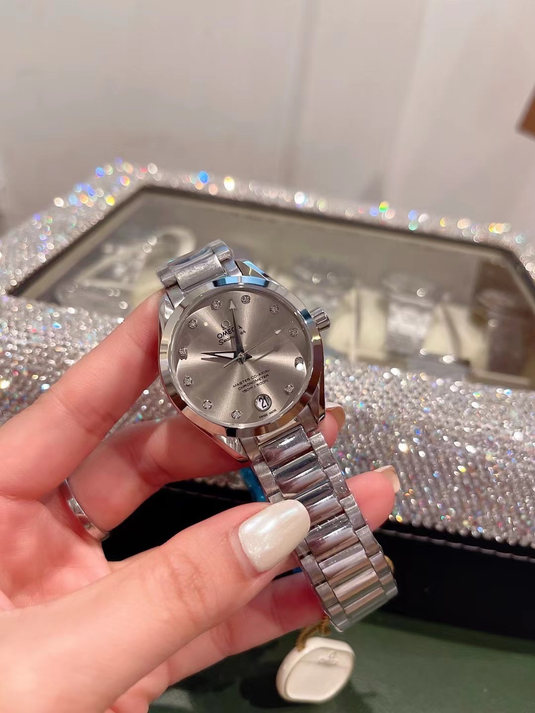 Omega Seamaster Ladies Watch 34mm Quartz Movement Diamond Dial Stainless Steel Women Wristwatch