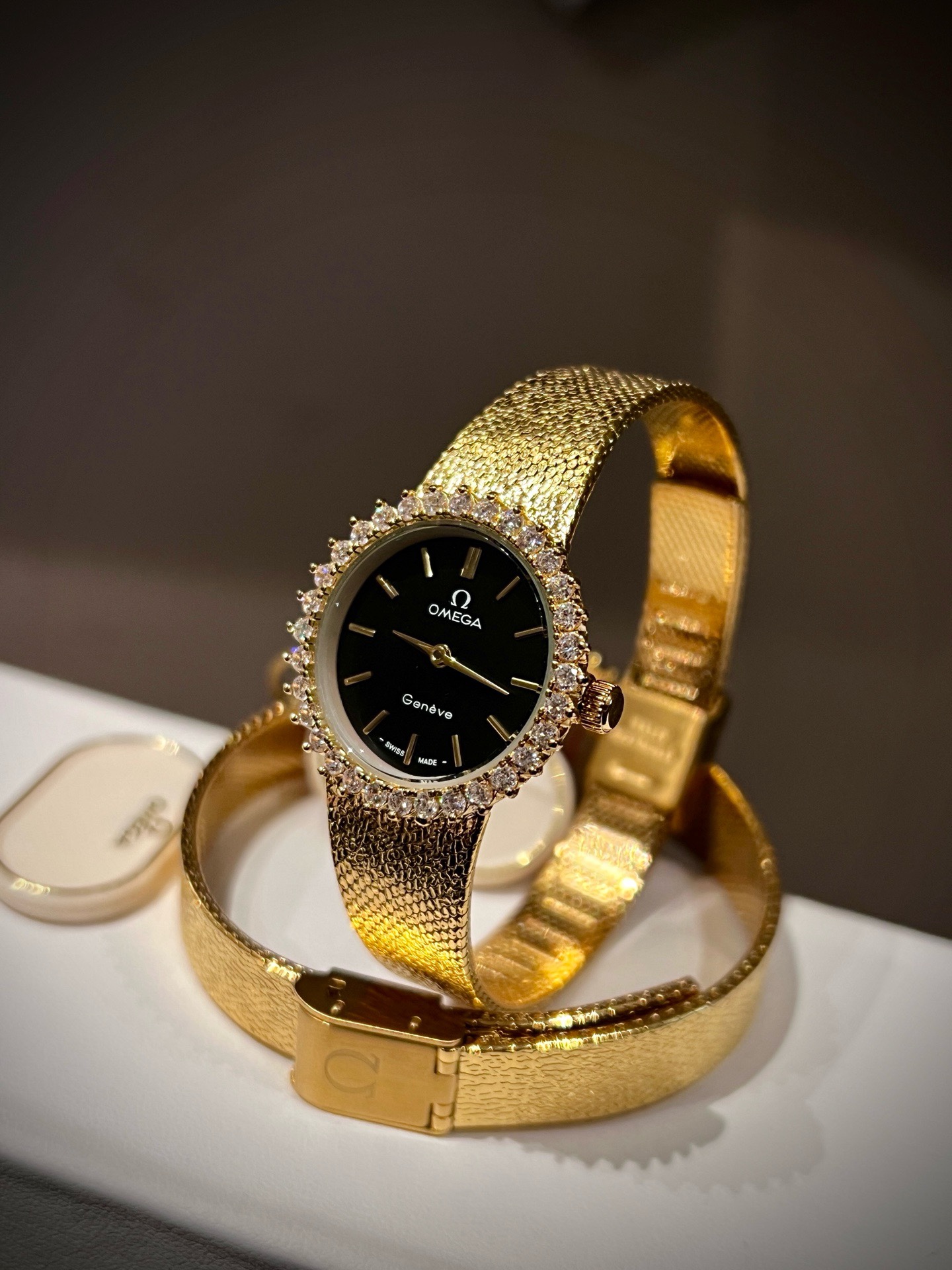 OMEGA Vintage Gold Tone Women Watch 26mm, Diamond Bezel Woven Band Jewelry Watch