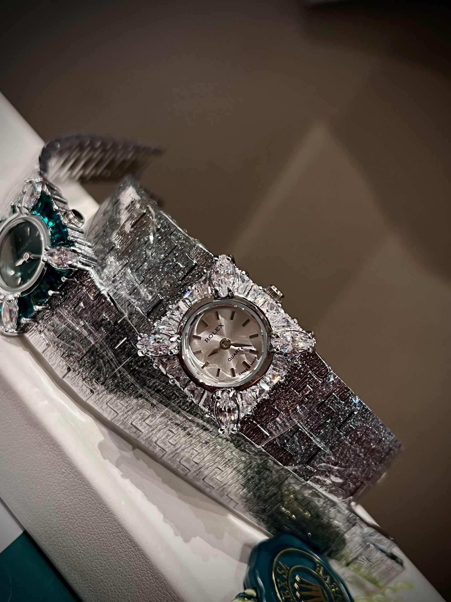 Vintage Rolex Women Watch 22mm, Diamond Setting Textured Silver Bracelet