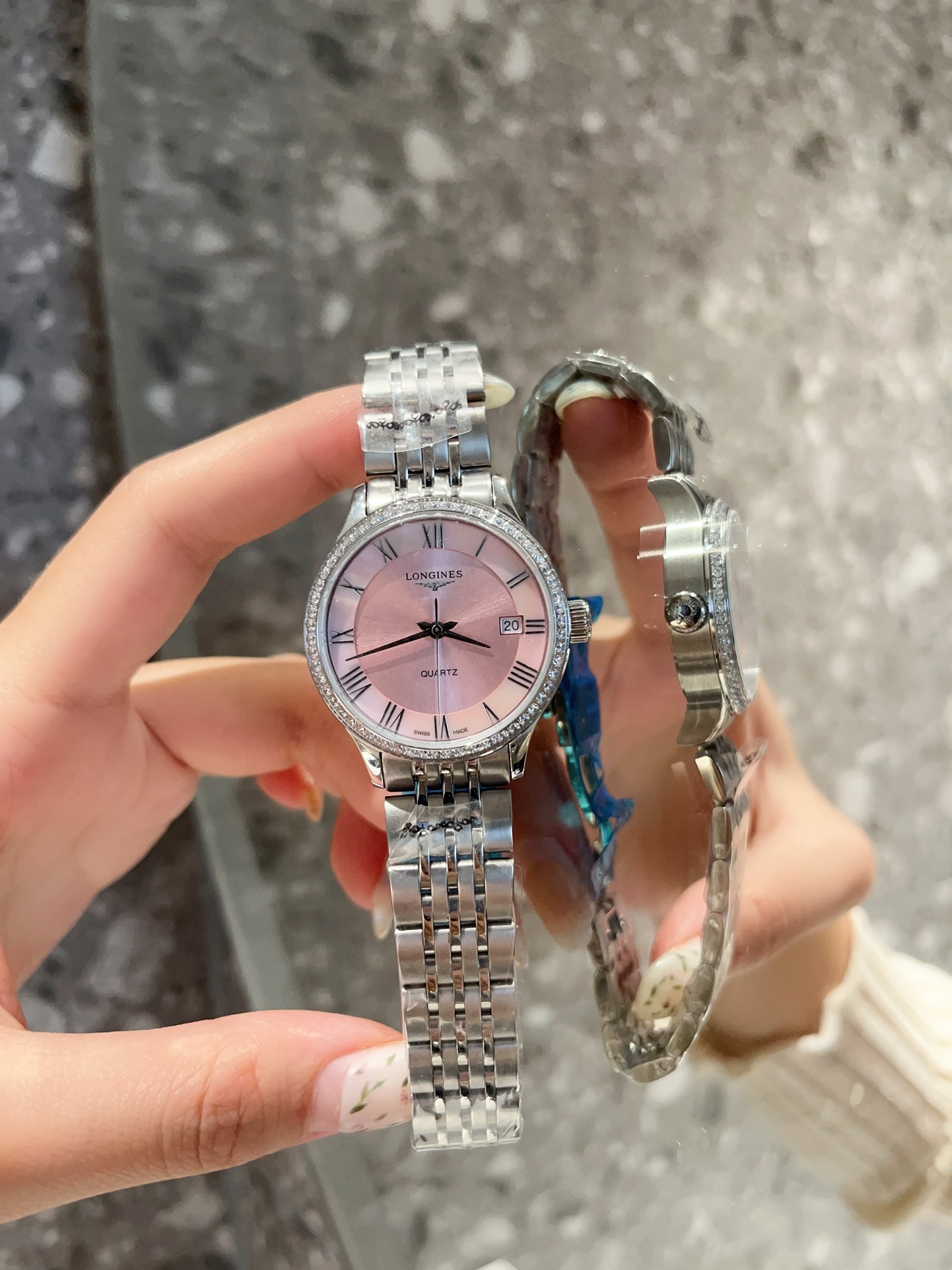 Longines 32mm Women Watch, Crystal Bezel Sapphire Glass Steel Band Dress Watch