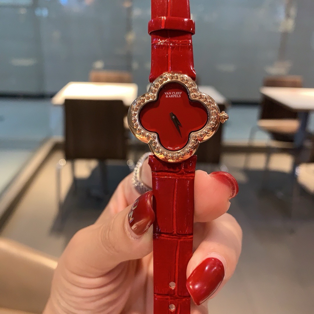 Van Cleef & Arpels Four Leaf Clover Women Watch, Mother Of Pearl Dial Leather Band Fashion Watch