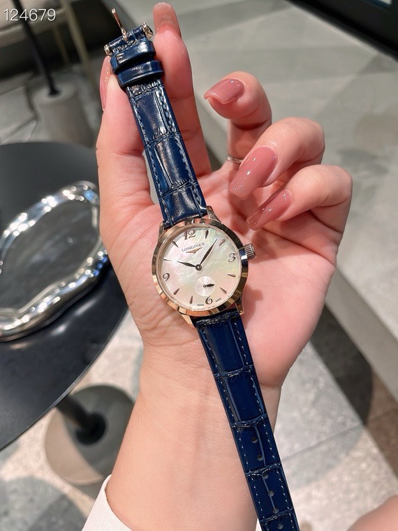 Longines 32mm Women Watch, Crystal Inlaid Dial Sapphire Glass Leather Band Dress Watch
