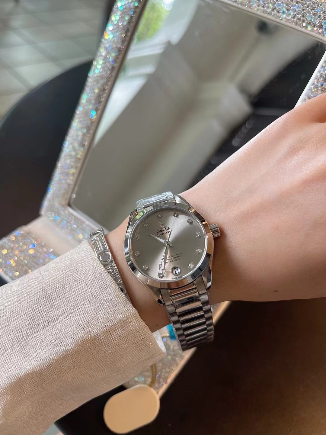 Omega Seamaster Ladies Watch 34mm Quartz Movement Diamond Dial Stainless Steel Women Wristwatch