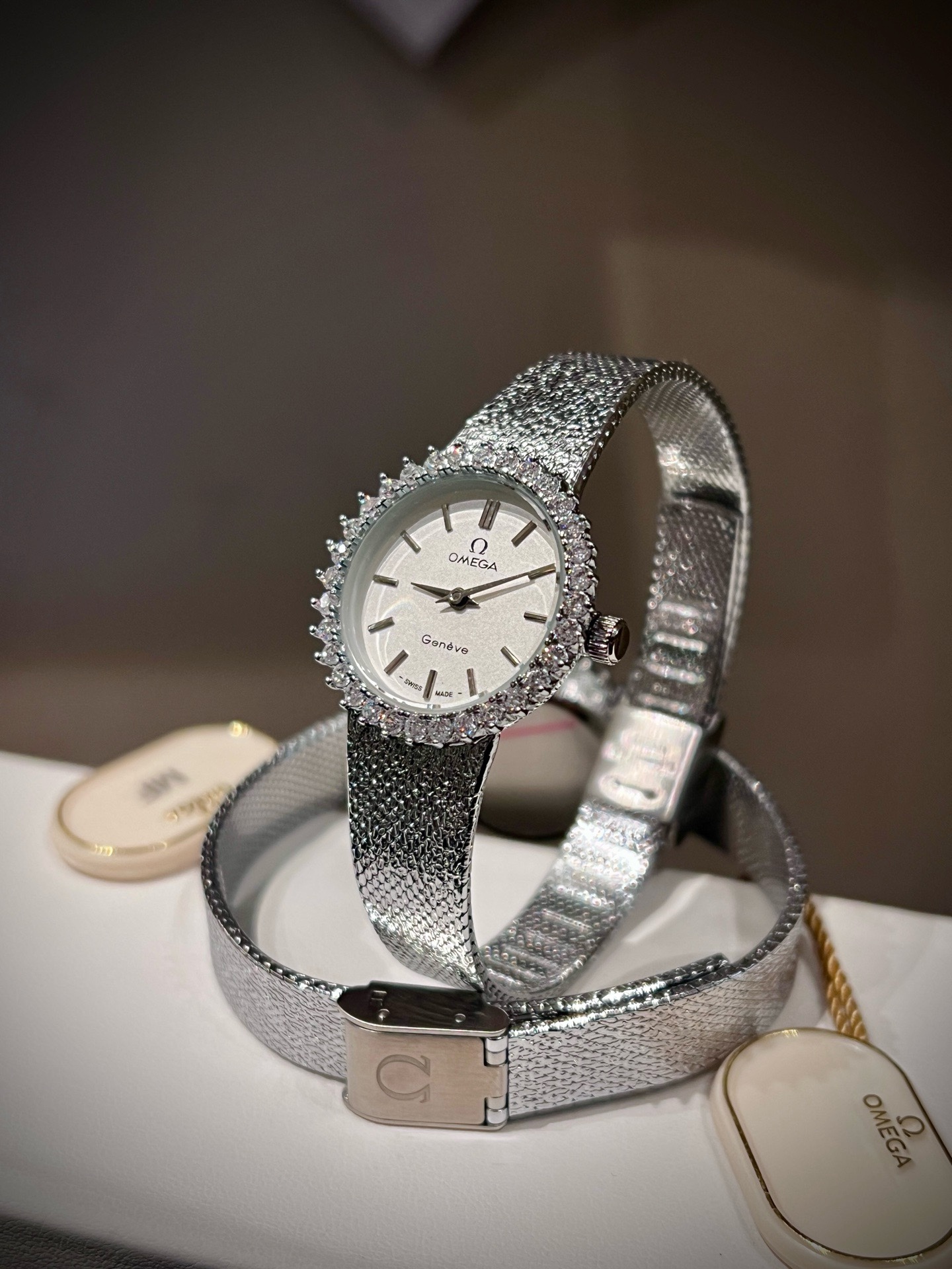 OMEGA Vintage Women Watch 26mm, Diamond Bezel Textured Leather Band Dress Watch