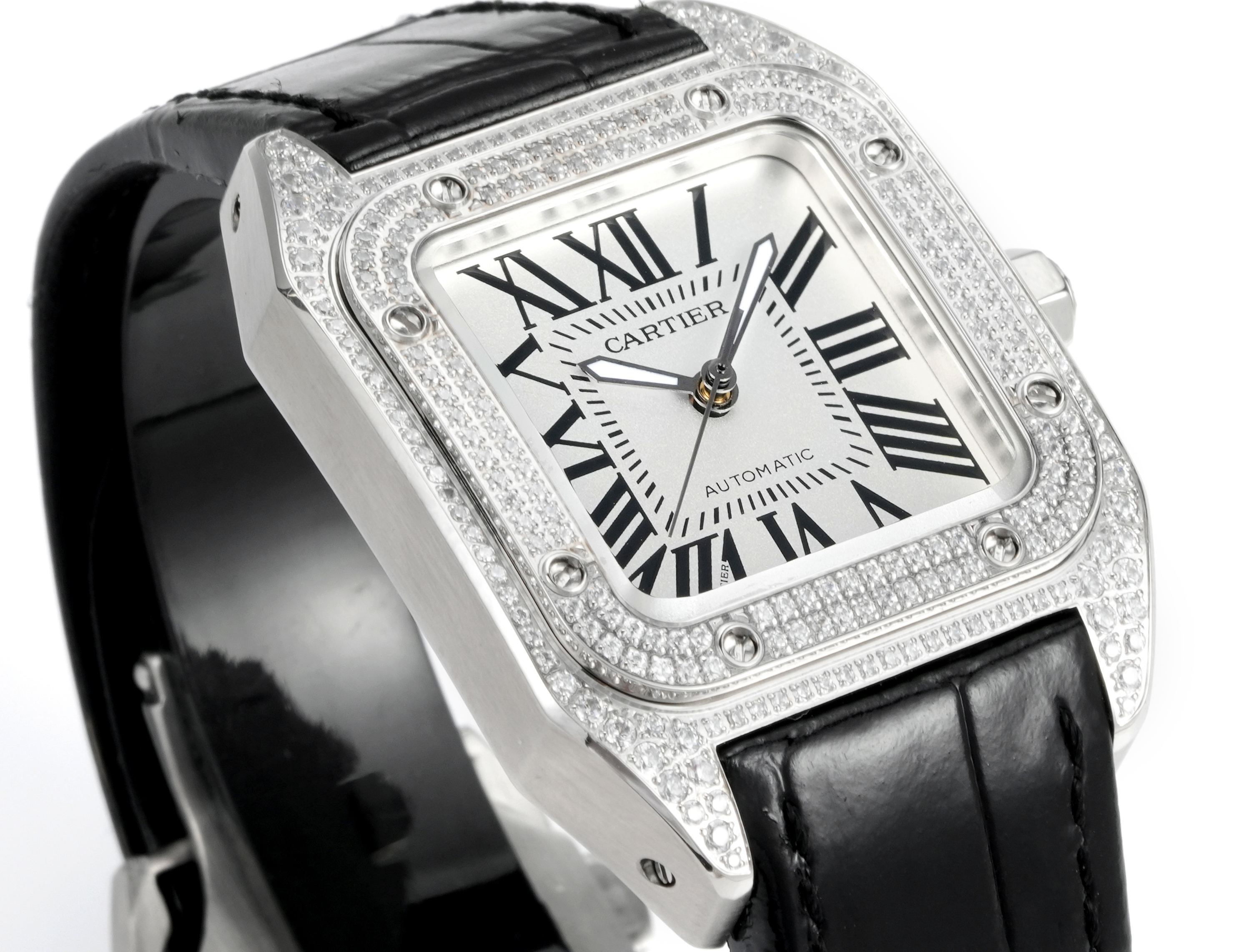 Cartier Santos 100th Anniversary Ladies Watch, Full Paved Diamond Bezel, 35.6mm