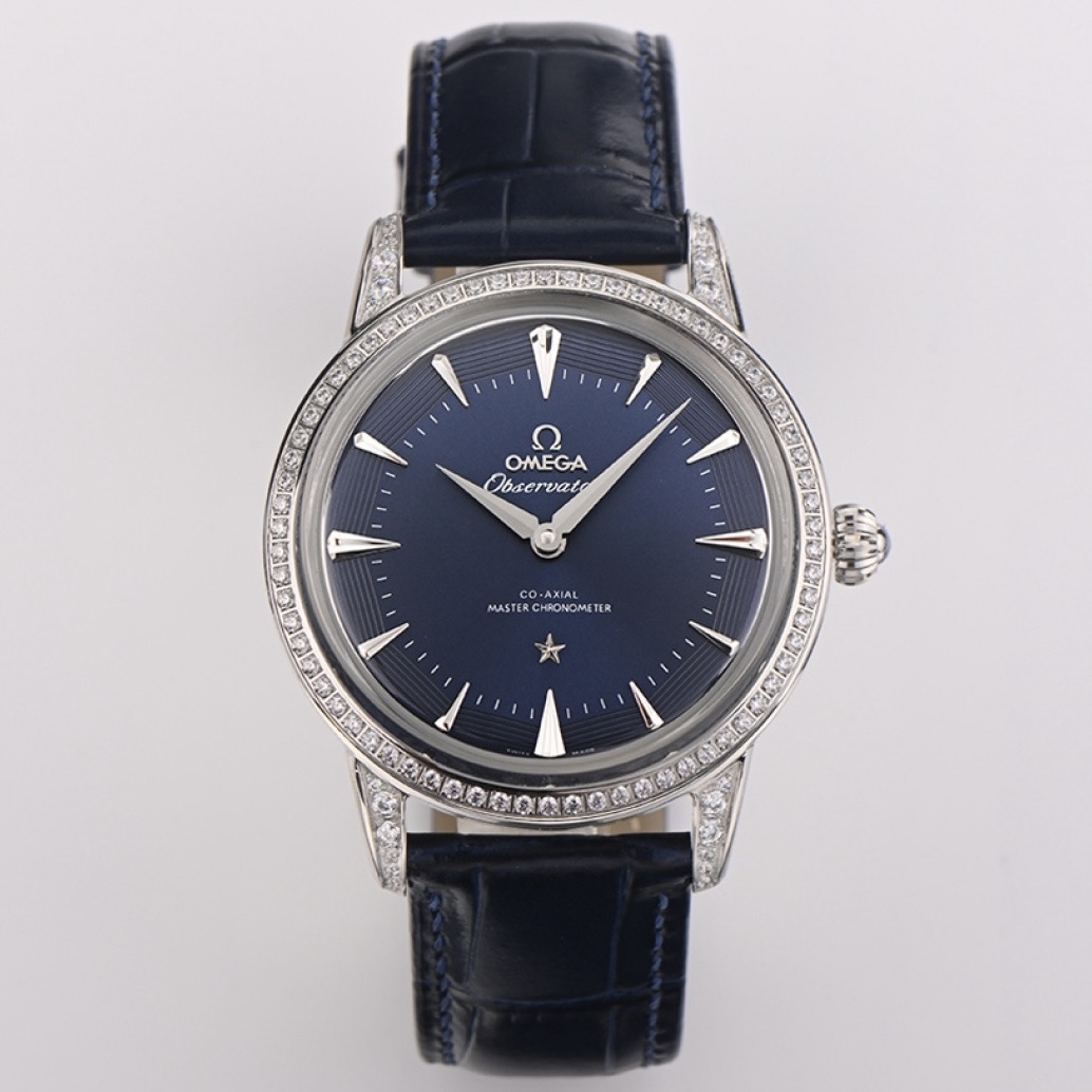 OMEGA Observatory Co‑Axial Master Chronometer Watch | Diamond Bezel, Genuine Leather Strap