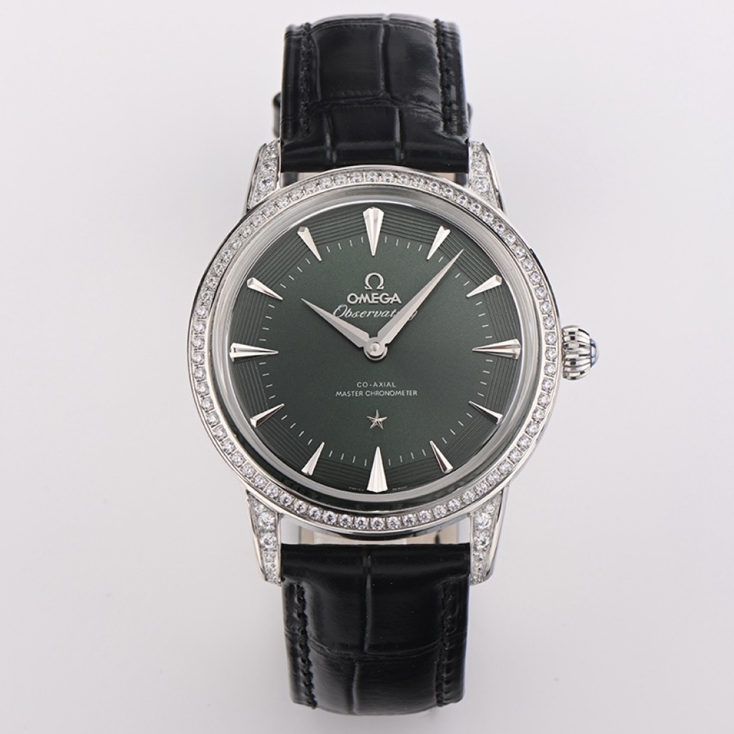 OMEGA Observatory Co‑Axial Master Chronometer Watch | Diamond Bezel, Genuine Leather Strap