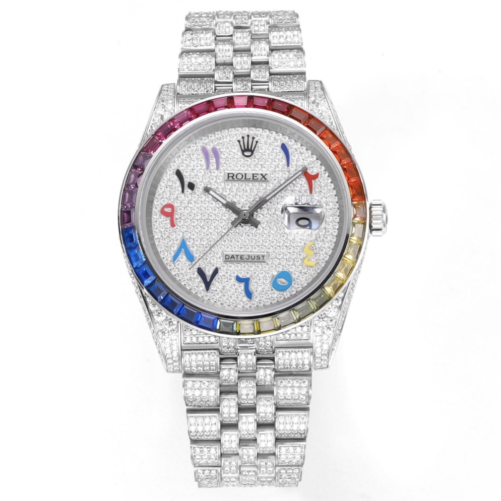 MS Factory Datejust 41mm Full‑Paved Diamond Watch 904L Steel 3235 Automatic Movement Rainbow Bezel
