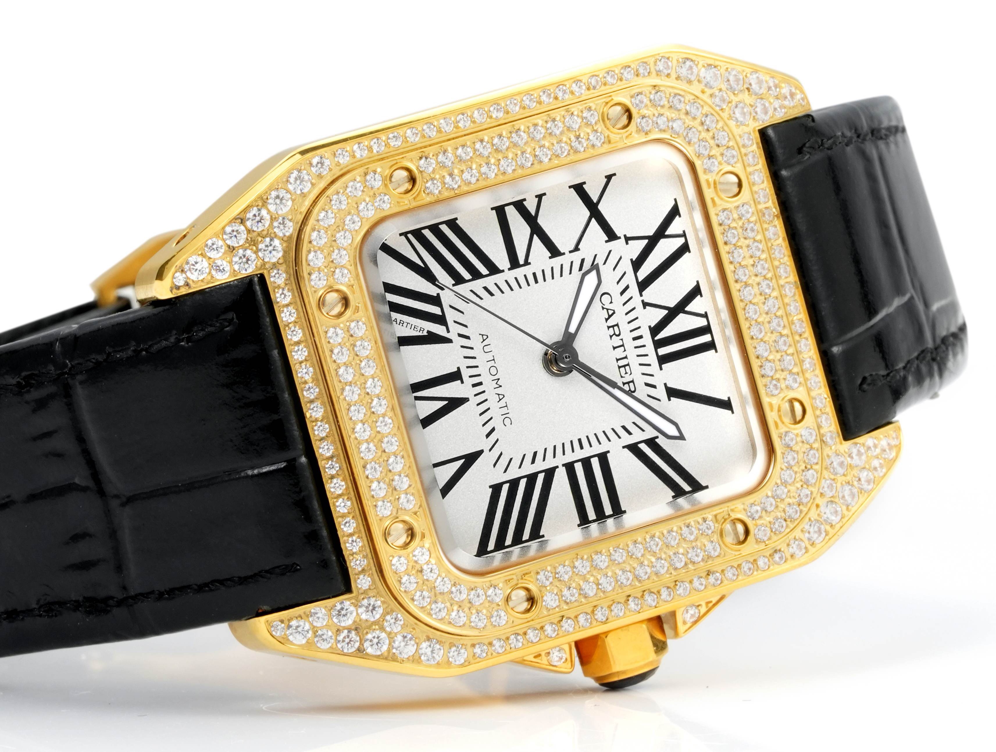 Cartier Santos 100th Anniversary Ladies Watch, Full Paved Diamond Bezel, 35.6mm