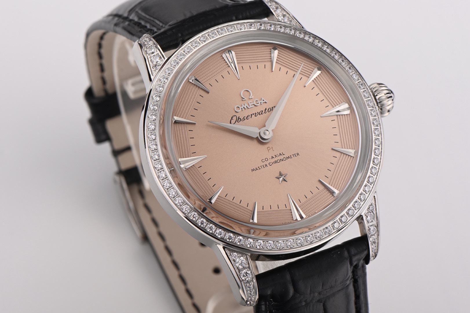OMEGA Observatory Co‑Axial Master Chronometer Watch | Diamond Bezel, Genuine Leather Strap