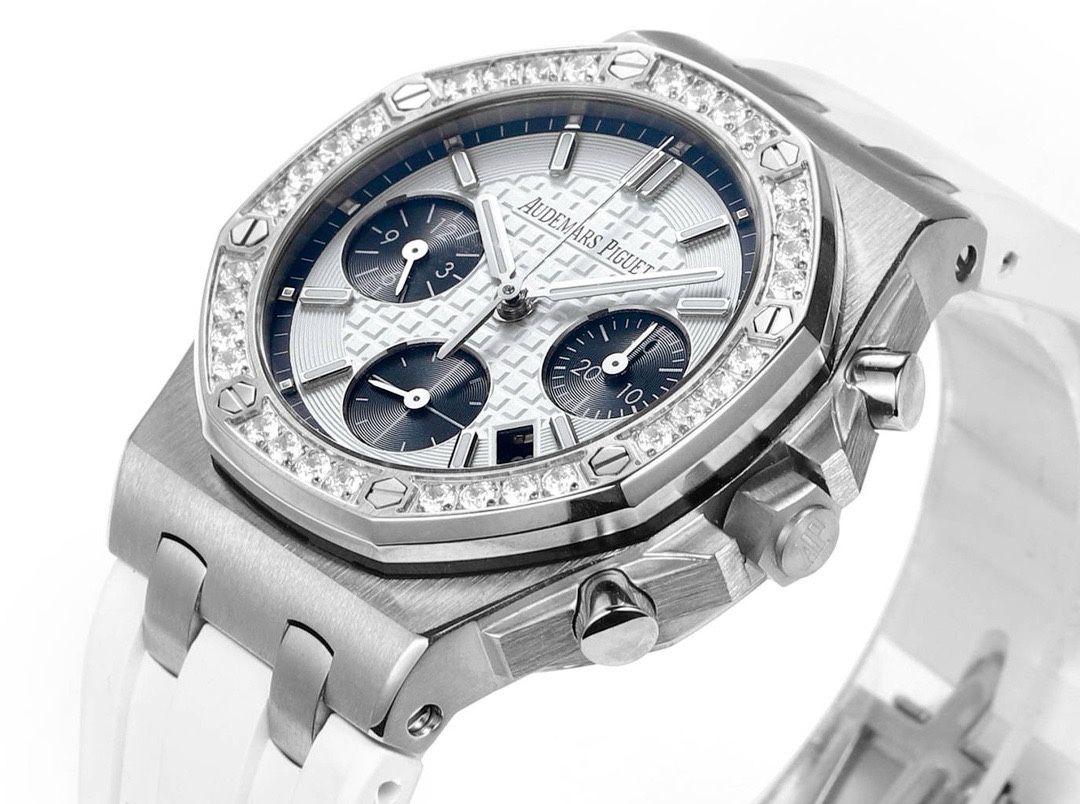 Audemars Piguet Royal Oak 37mm Ladies Automatic Chronograph Watch, Diamond Bezel Rubber Strap