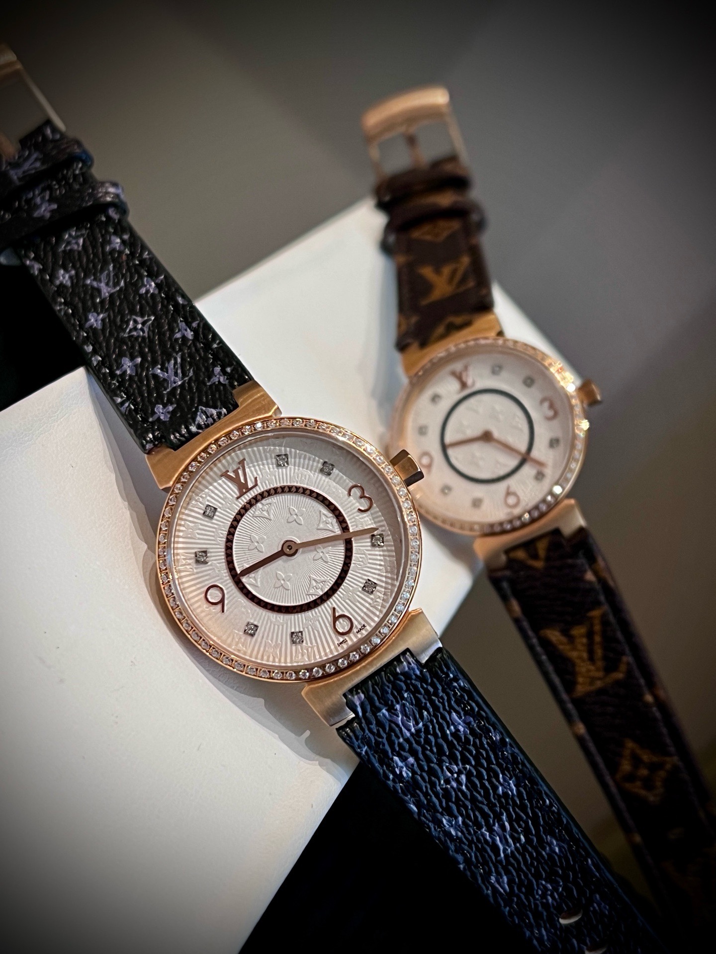 Louis Vuitton Tambour Slim 34mm Women Watch, Inlaid Crystal Dial Quick Release Leather Band