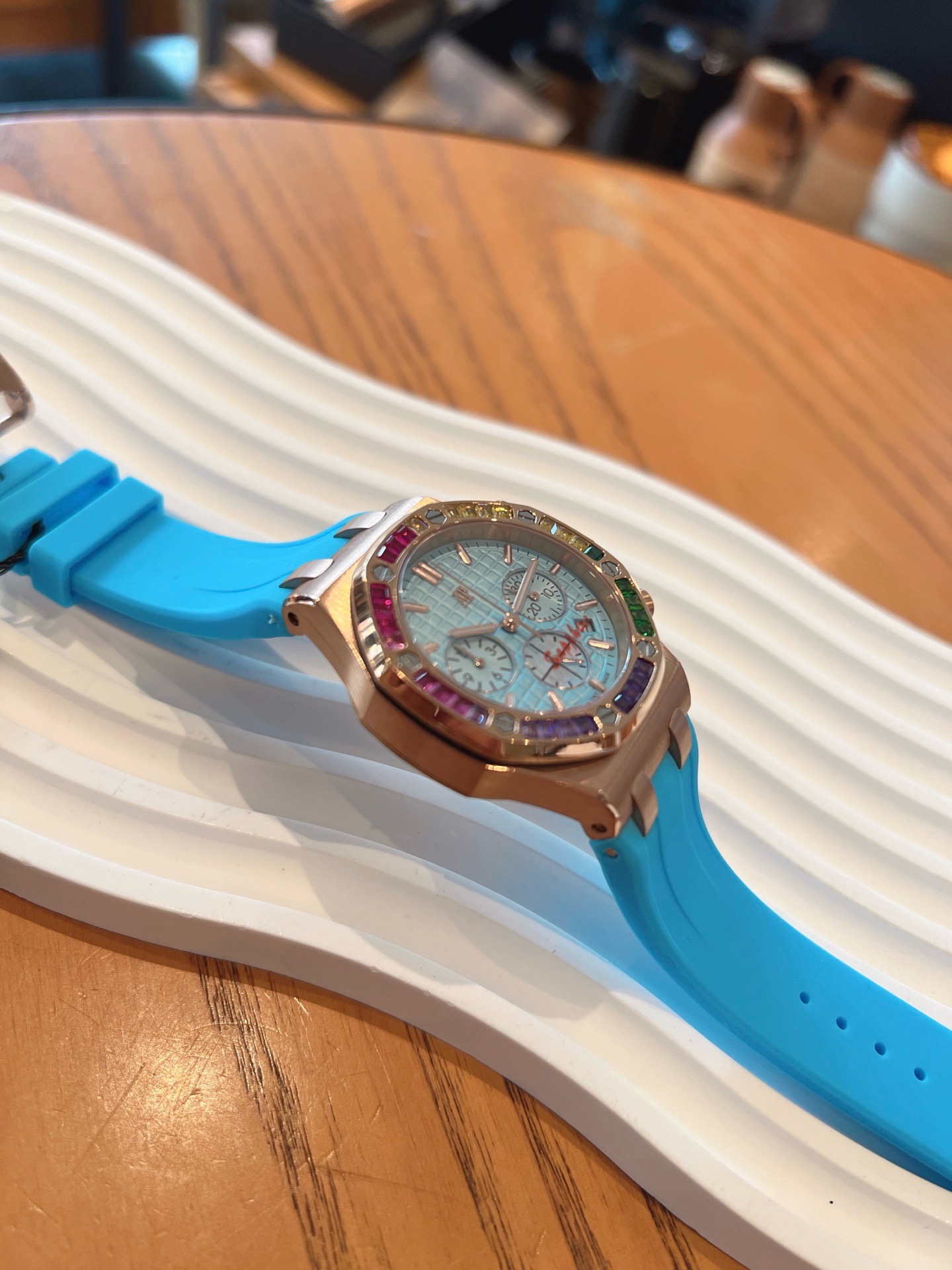 Audemars Piguet Royal Oak Offshore Ladies Watch 37mm, Rainbow Gemstone Bezel Rubber Strap Wristwatch