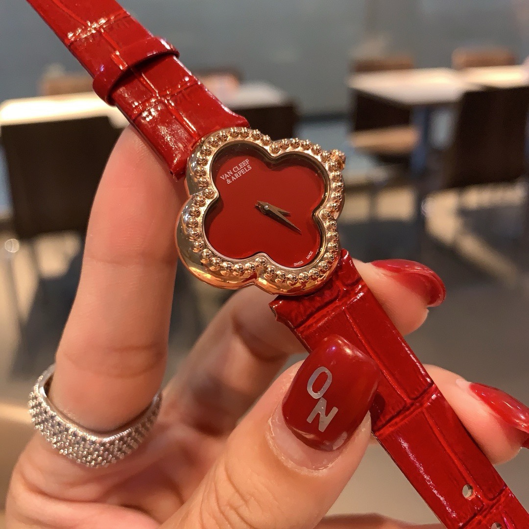Van Cleef & Arpels Four Leaf Clover Women Watch, Mother Of Pearl Dial Leather Band Fashion Watch