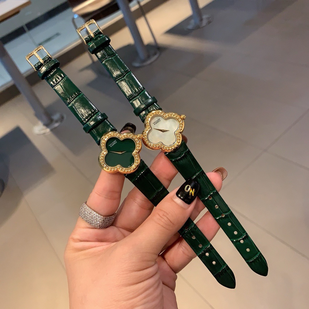 Van Cleef & Arpels Four Leaf Clover Women Watch, Mother Of Pearl Dial Leather Band Fashion Watch