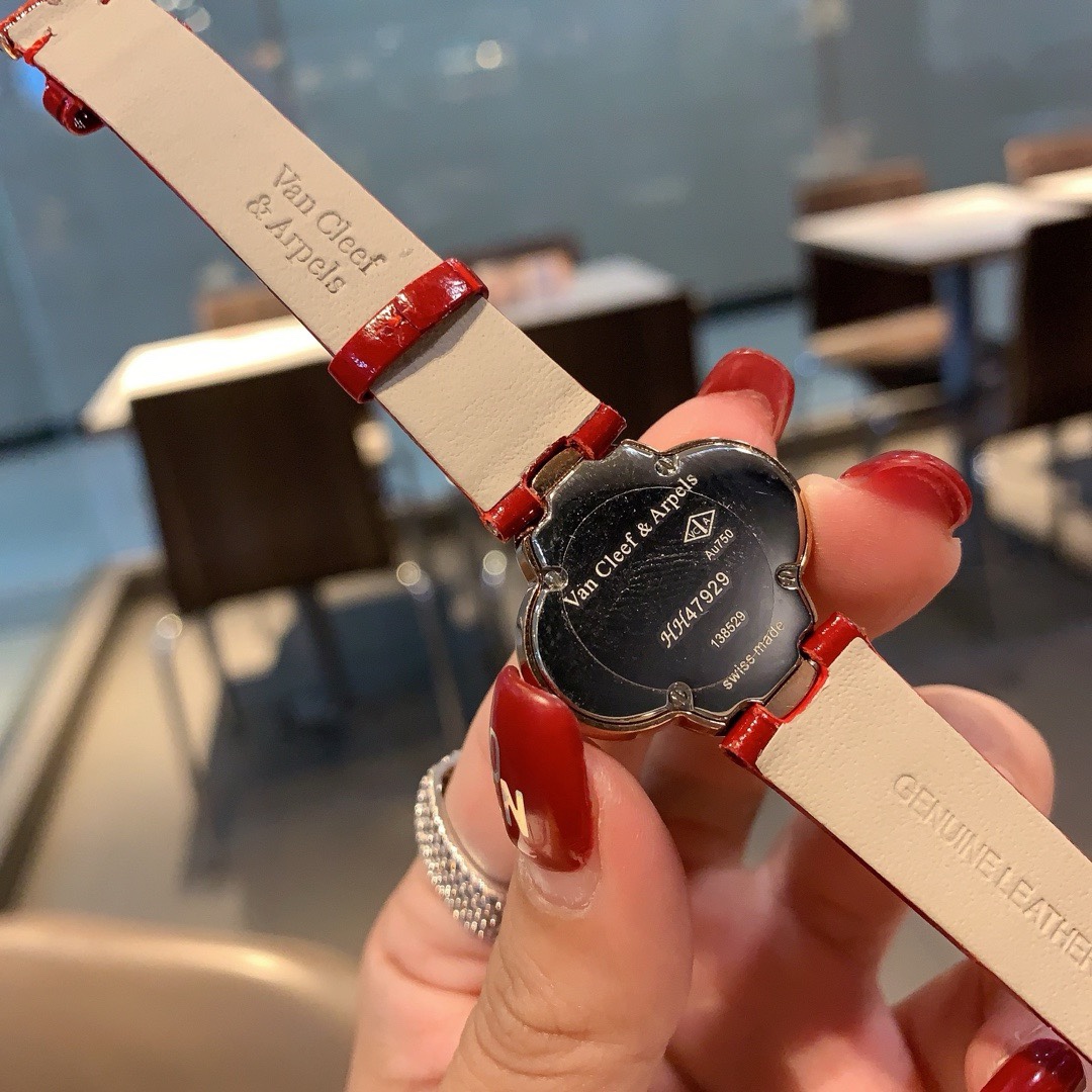 Van Cleef & Arpels Four Leaf Clover Women Watch, Mother Of Pearl Dial Leather Band Fashion Watch
