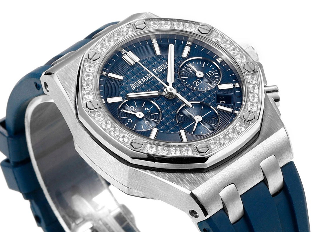 Audemars Piguet Royal Oak 37mm Ladies Automatic Chronograph Watch, Diamond Bezel Rubber Strap