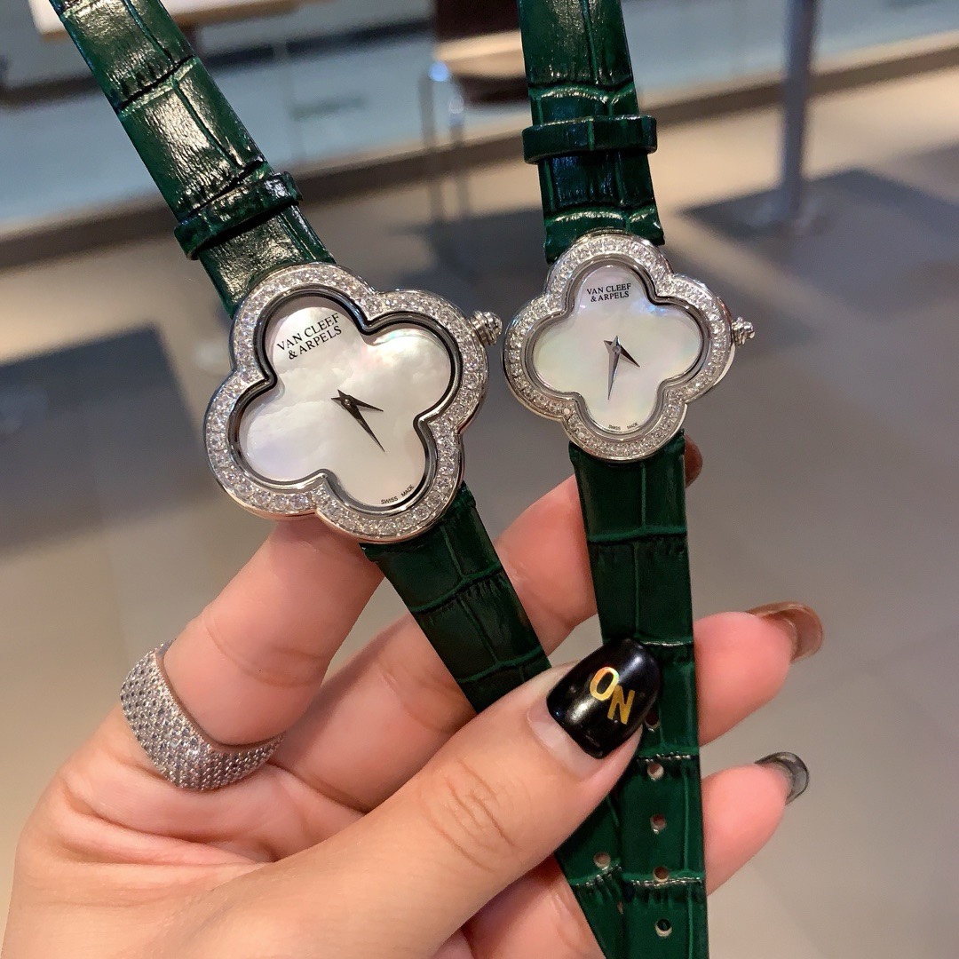 Van Cleef & Arpels Four Leaf Clover Women Watch, Mother Of Pearl Dial Leather Band Fashion Watch