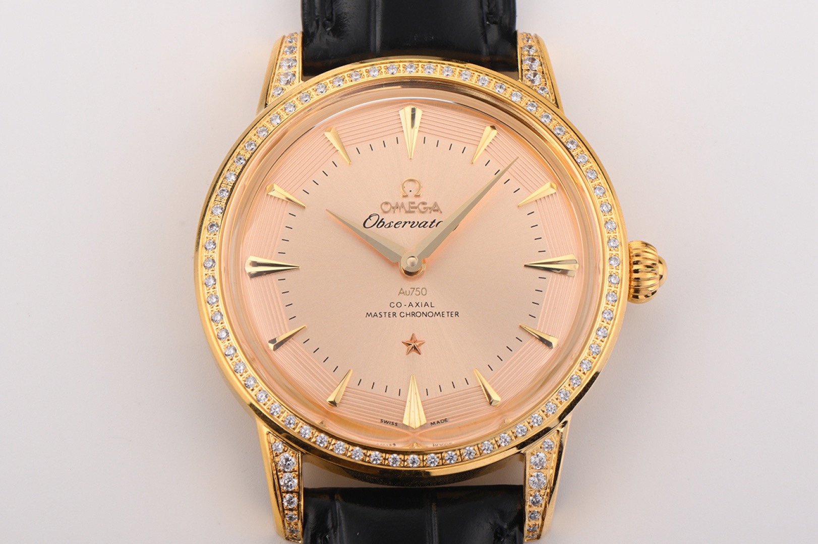 OMEGA Observatory Co‑Axial Master Chronometer Watch | Diamond Bezel, Genuine Leather Strap