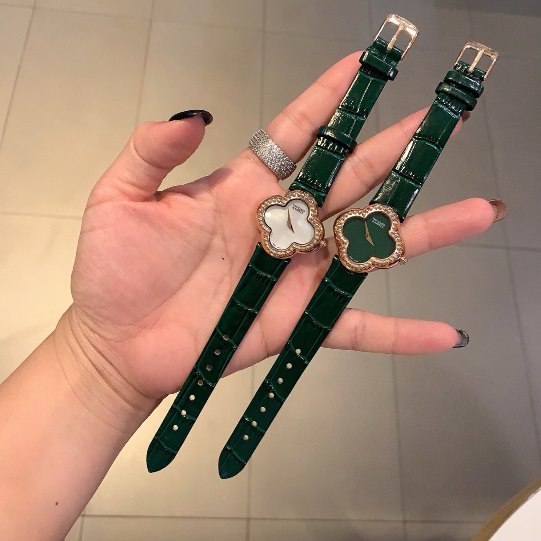 Van Cleef & Arpels Four Leaf Clover Women Watch, Mother Of Pearl Dial Leather Band Fashion Watch