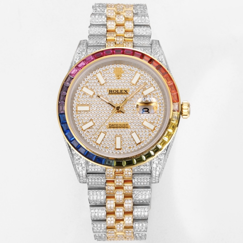 MS Factory Datejust 41mm Full‑Paved Diamond Watch 904L Steel 3235 Automatic Movement Rainbow Bezel