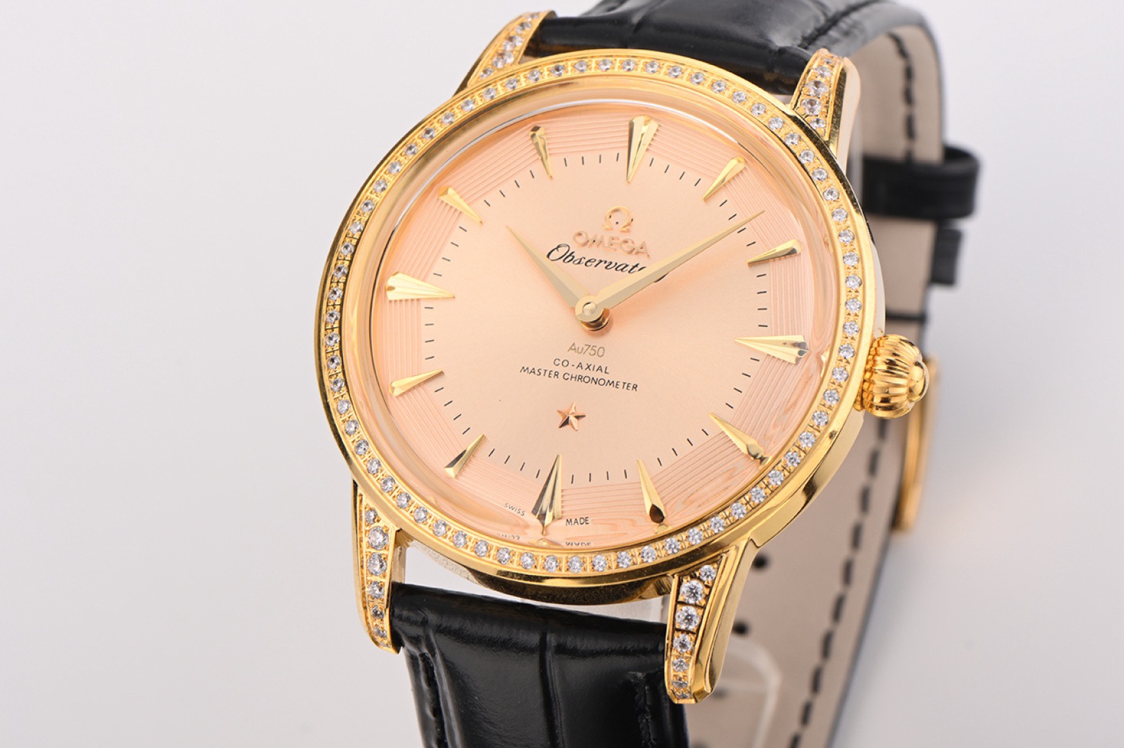 OMEGA Observatory Co‑Axial Master Chronometer Watch | Diamond Bezel, Genuine Leather Strap