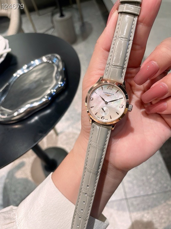 Longines 32mm Women Watch, Crystal Inlaid Dial Sapphire Glass Leather Band Dress Watch
