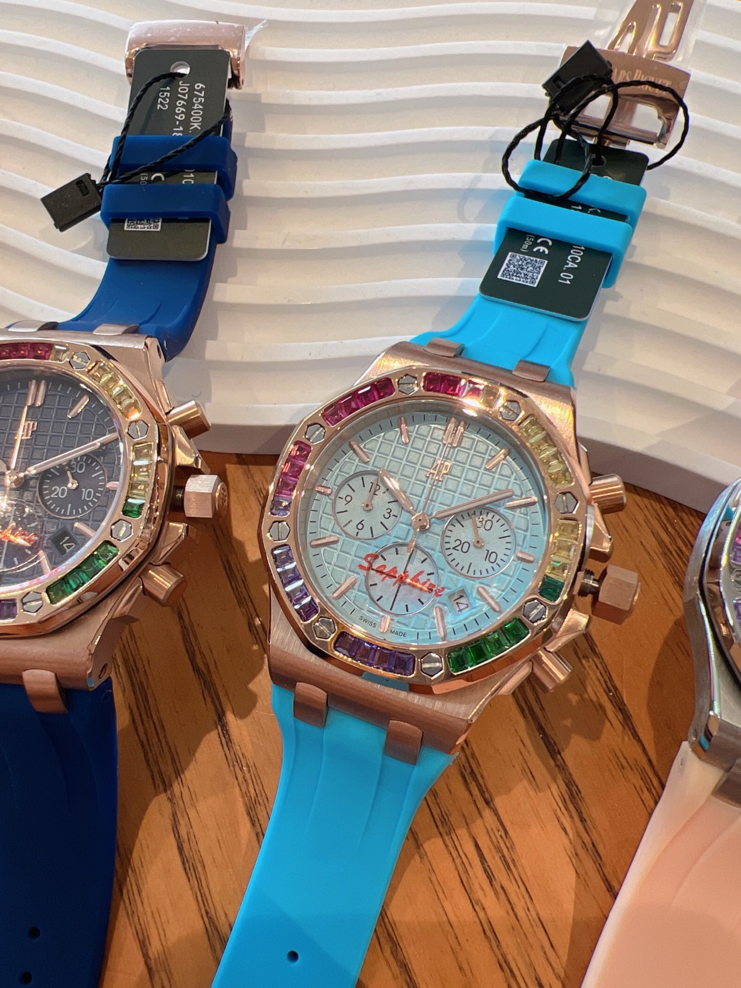 Audemars Piguet Royal Oak Offshore Ladies Watch 37mm, Rainbow Gemstone Bezel Rubber Strap Wristwatch