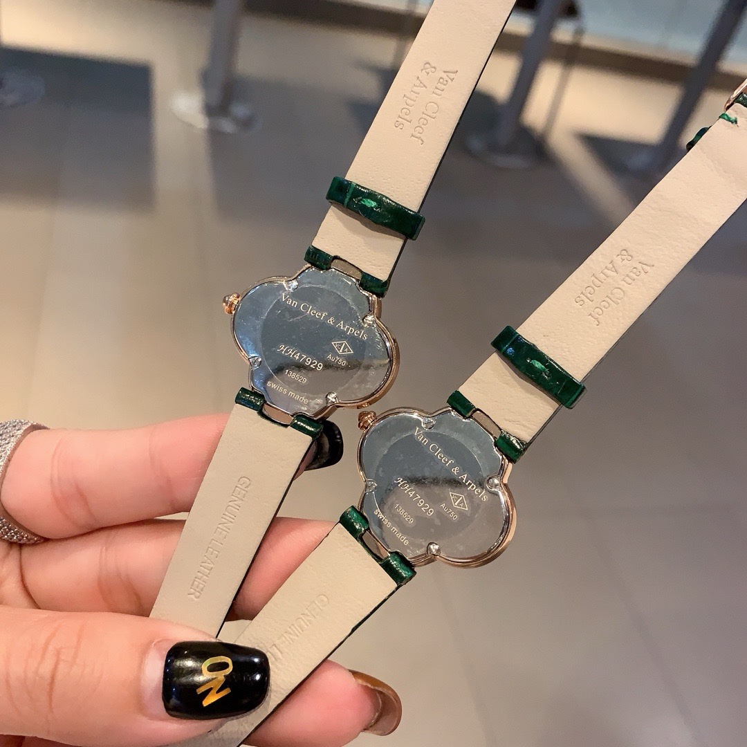 Van Cleef & Arpels Four Leaf Clover Women Watch, Mother Of Pearl Dial Leather Band Fashion Watch