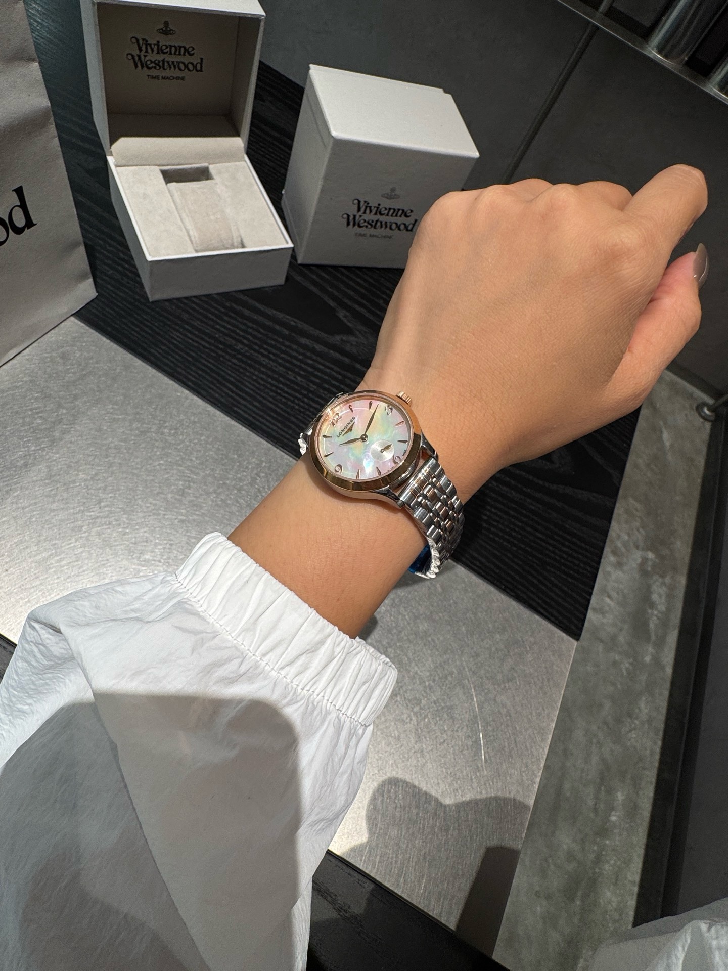 Longines 32mm Women Watch, Crystal Inlaid Dial Sapphire Glass Leather Band Dress Watch
