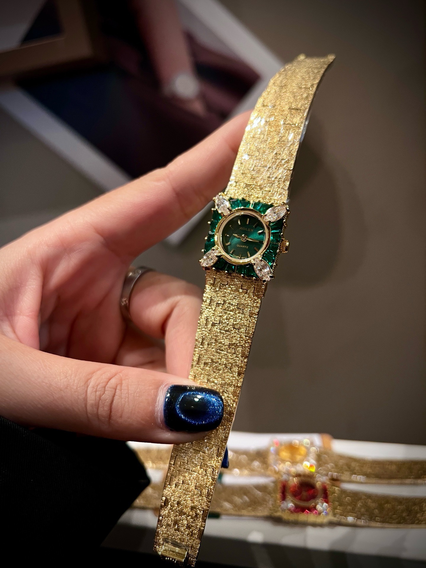Vintage Rolex Women Watch 22mm, Diamond Setting Textured Gold Bracelet