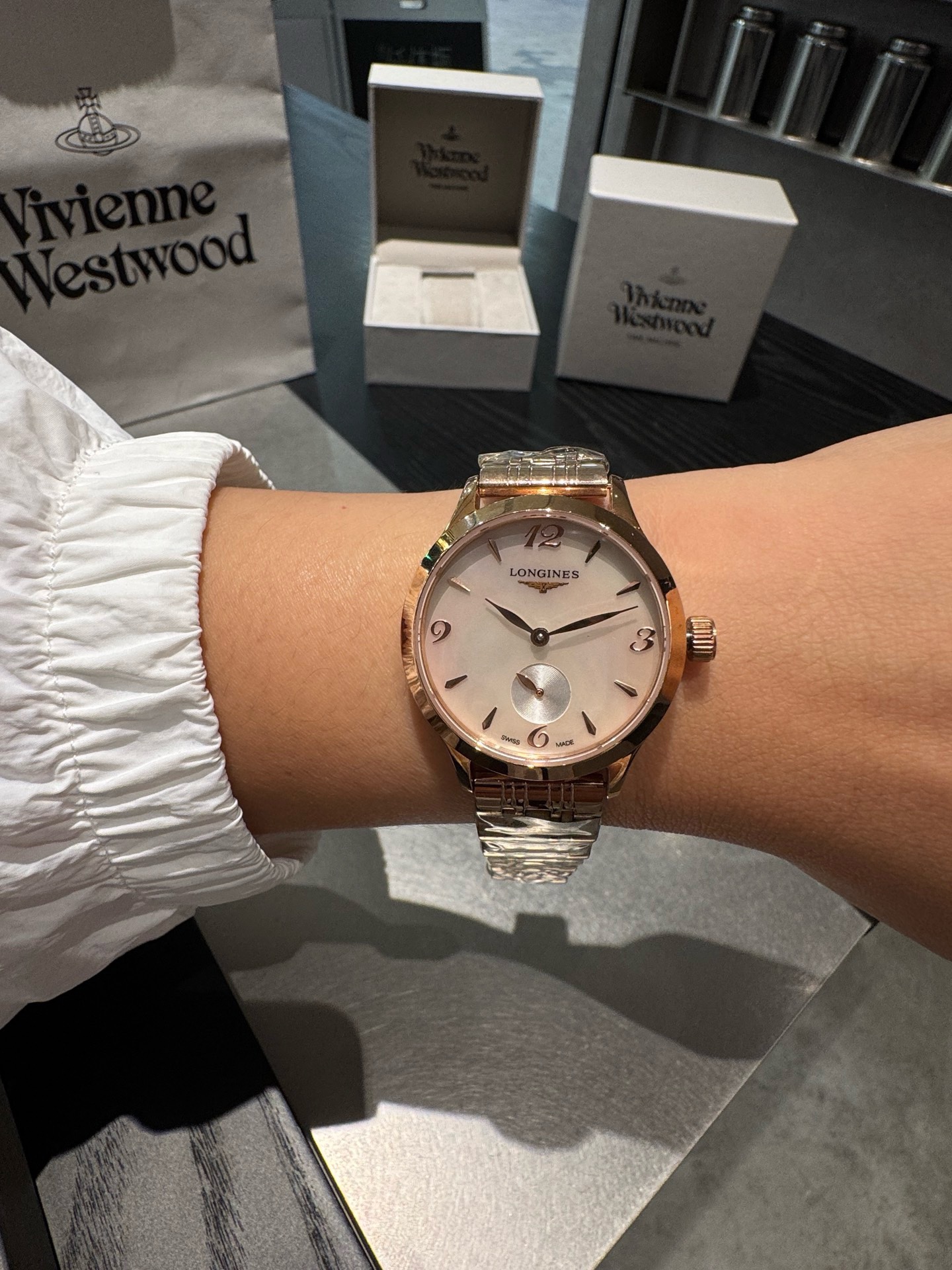 Longines 32mm Women Watch, Crystal Inlaid Dial Sapphire Glass Leather Band Dress Watch

