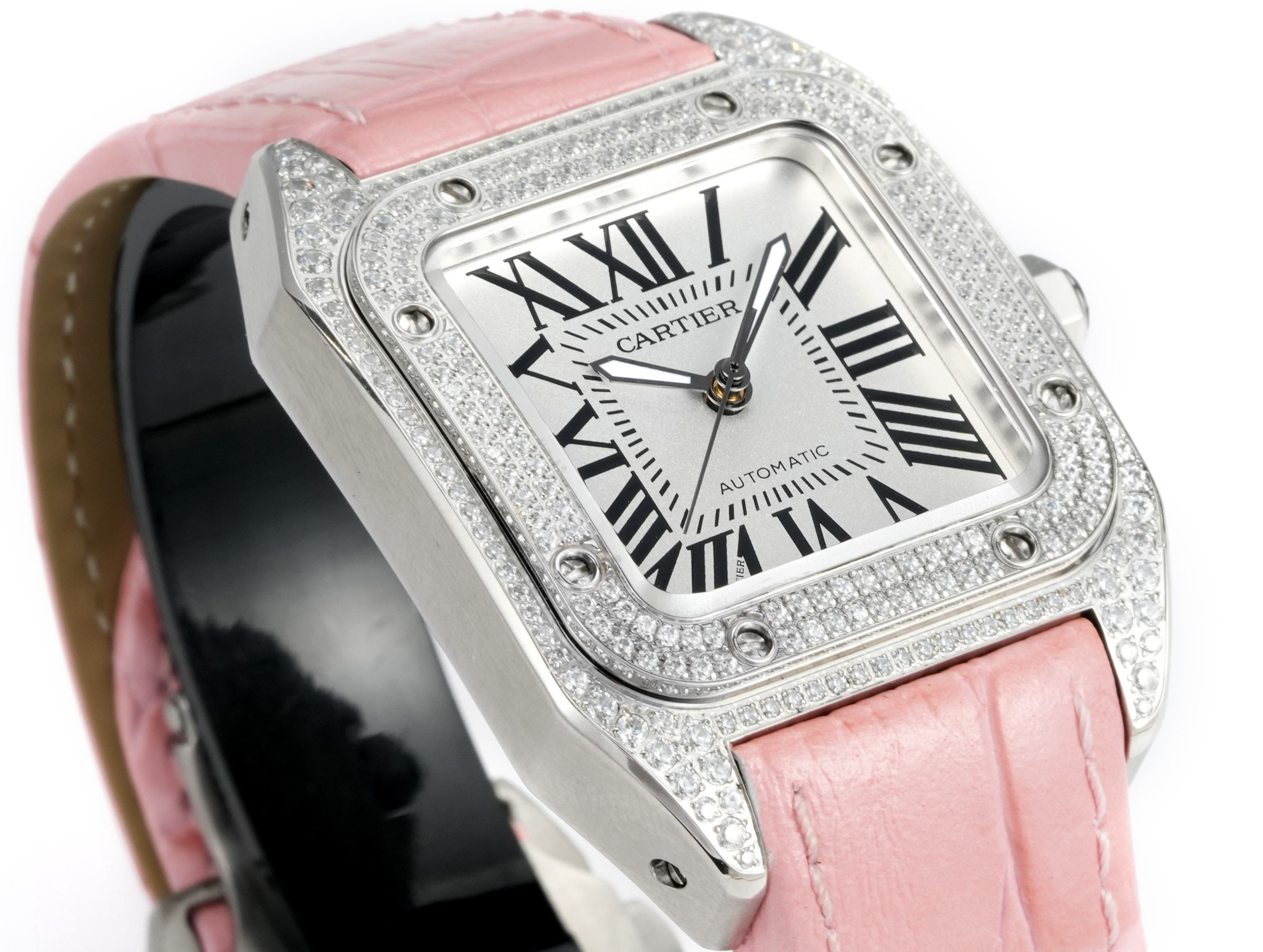Cartier Santos 100th Anniversary Ladies Watch, Full Paved Diamond Bezel, 35.6mm