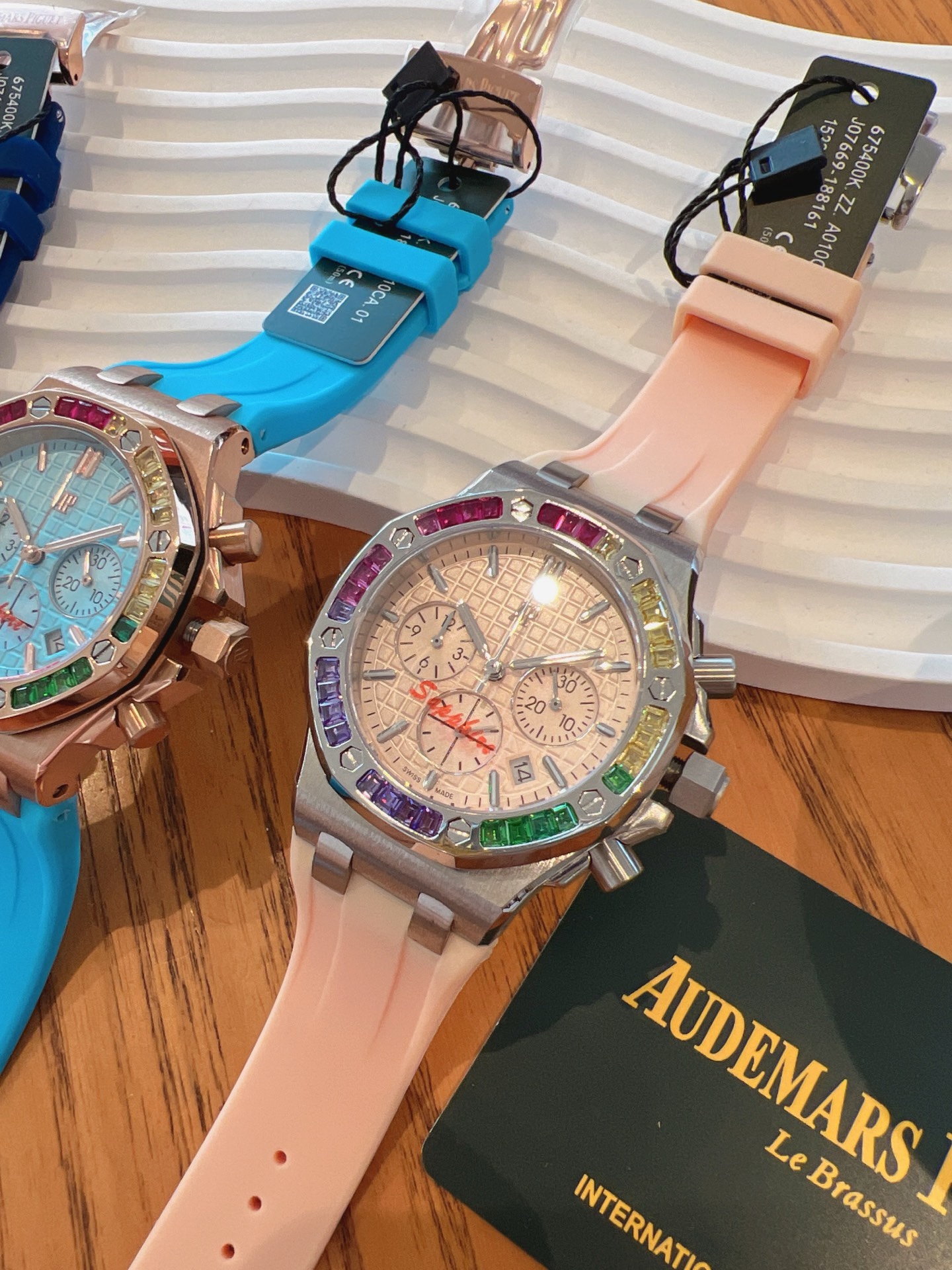 Audemars Piguet Royal Oak Offshore Ladies Watch 37mm, Rainbow Gemstone Bezel Rubber Strap Wristwatch