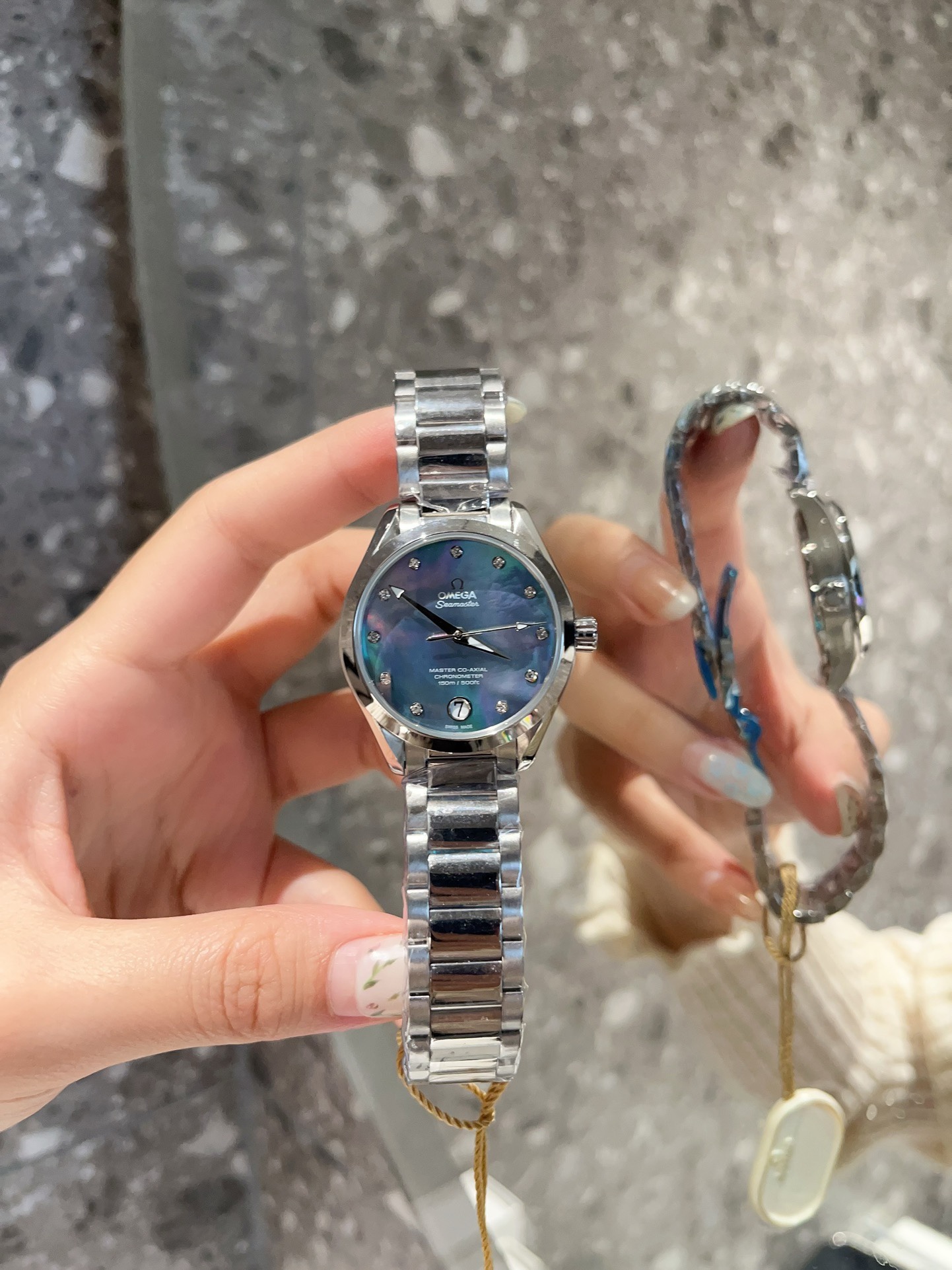 Omega Seamaster Ladies Watch 34mm Quartz MOP Mother Of Pearl Dial Diamond Markers Stainless Steel Women Wristwatch