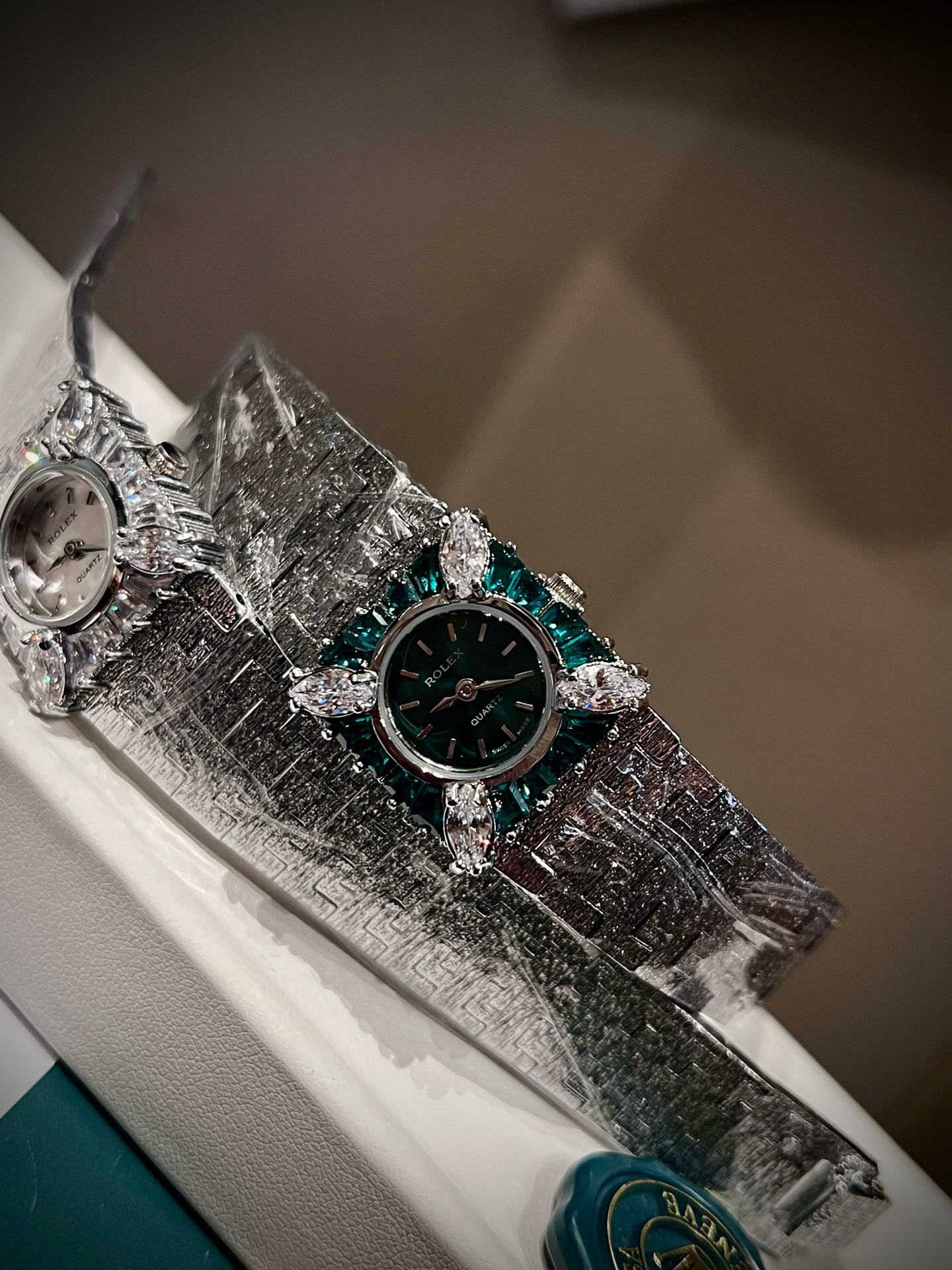 Vintage Rolex Women Watch 22mm, Diamond Setting Textured Silver Bracelet