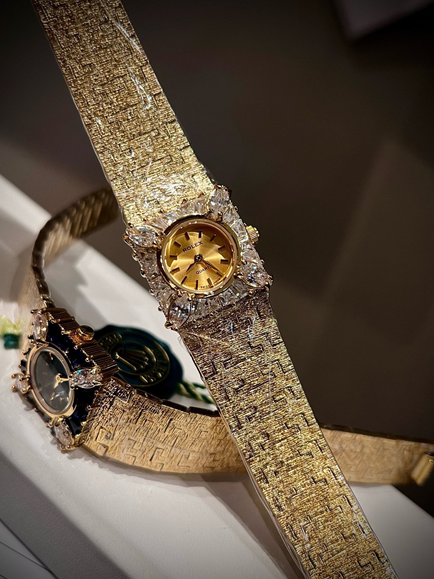 Vintage Rolex Women Watch 22mm, Diamond Setting Textured Gold Bracelet