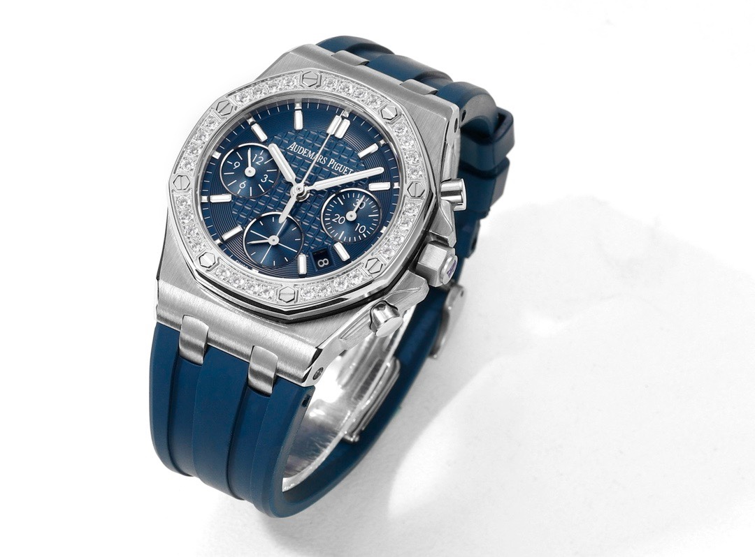 Audemars Piguet Royal Oak 37mm Ladies Automatic Chronograph Watch, Diamond Bezel Rubber Strap
