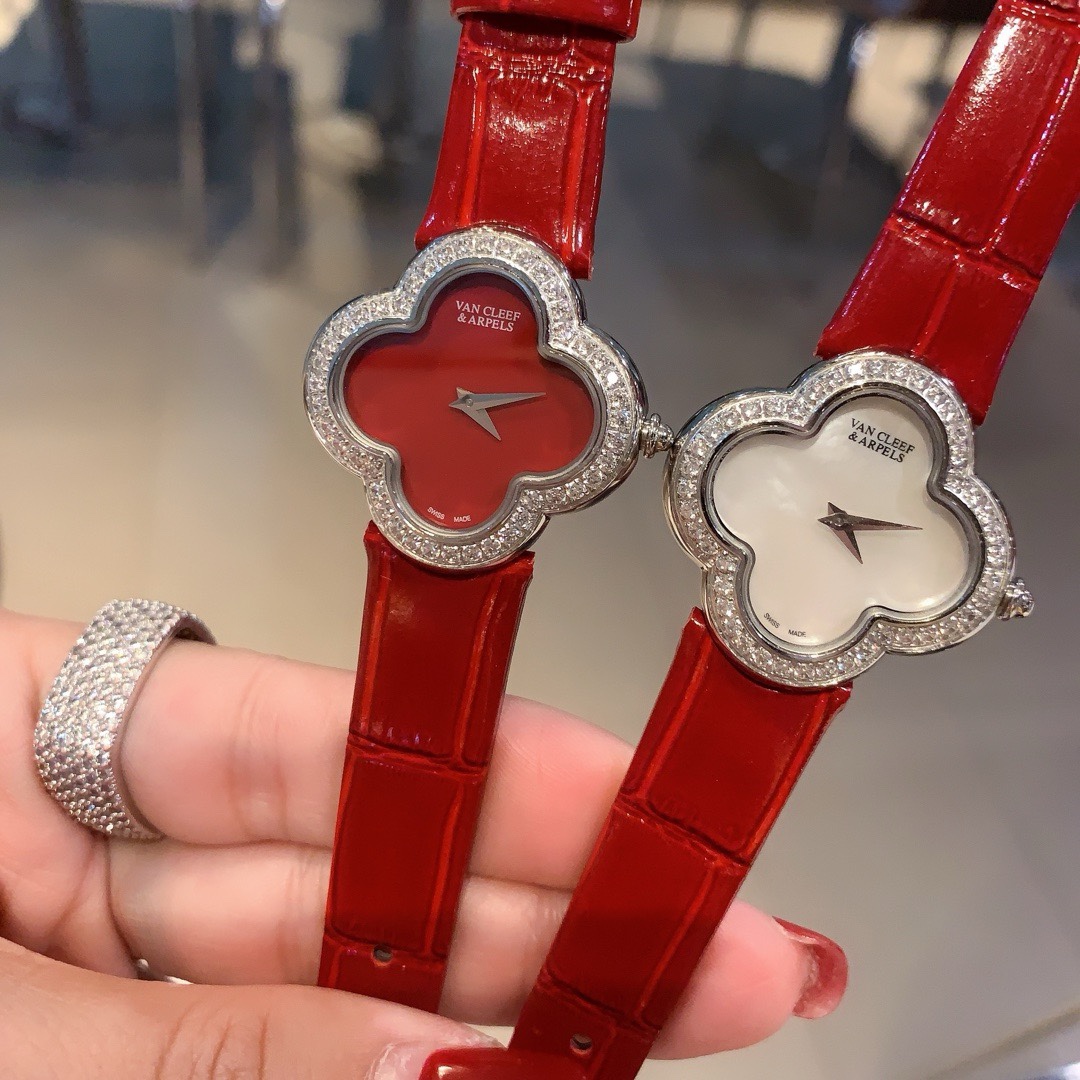 Van Cleef & Arpels Four Leaf Clover Women Watch, Mother Of Pearl Dial Leather Band Fashion Watch
