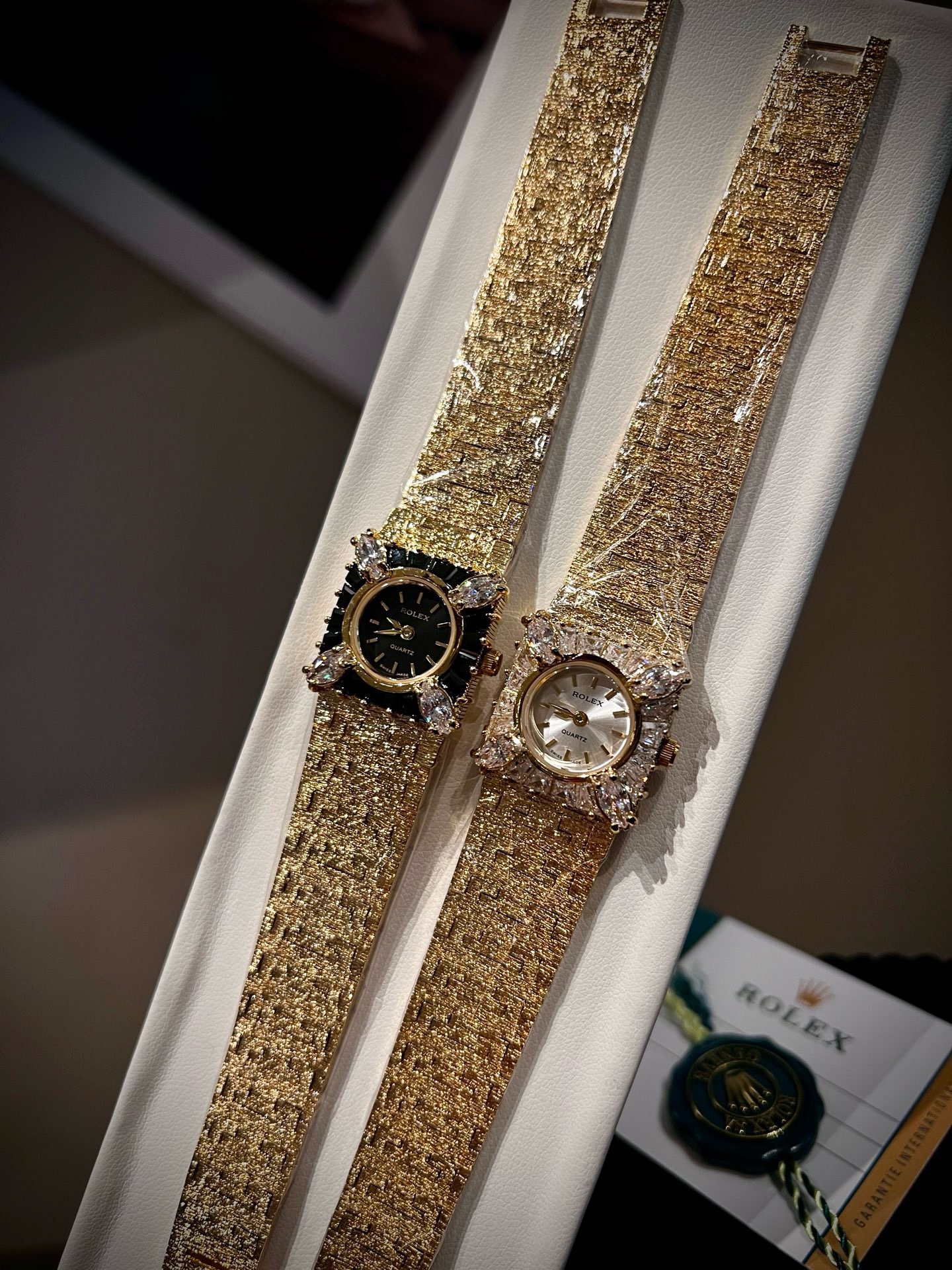 Vintage Rolex Women Watch 22mm, Diamond Setting Textured Gold Bracelet