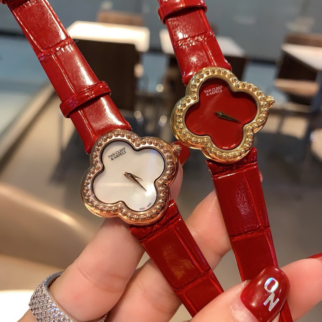 Van Cleef & Arpels Four Leaf Clover Women Watch, Mother Of Pearl Dial Leather Band Fashion Watch
