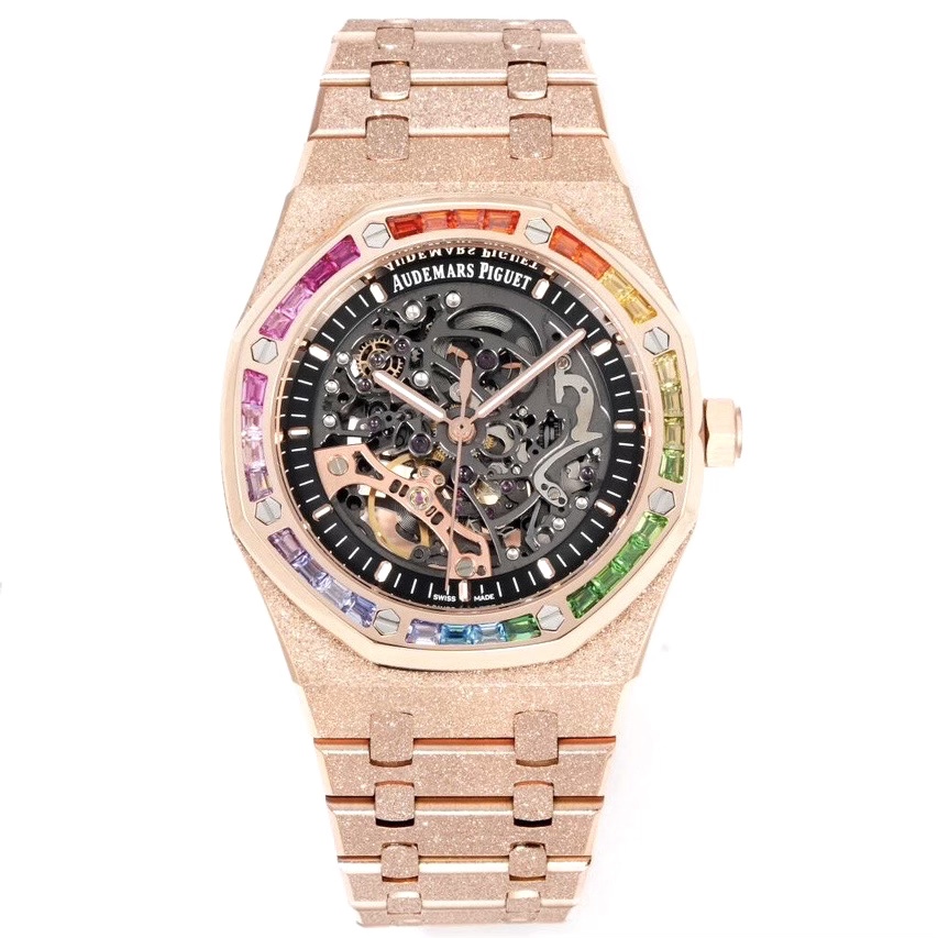 Audemars Piguet Royal Oak Skeleton Frosted Gold Rainbow Bezel AP2 Version