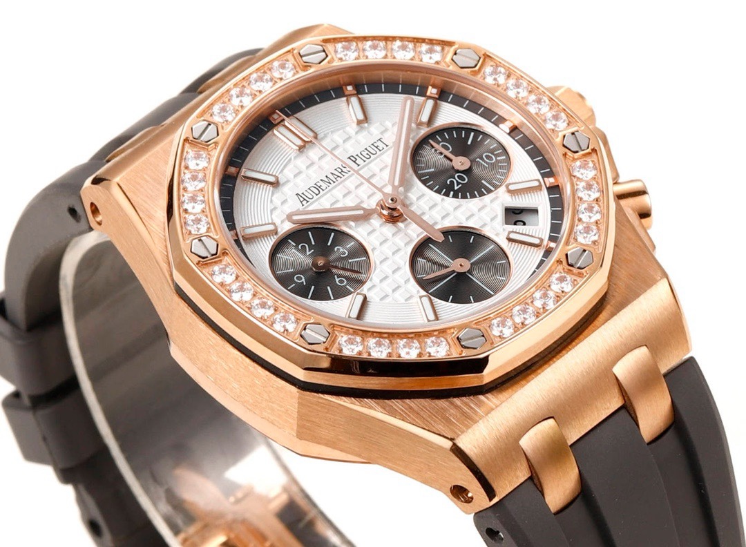Audemars Piguet Royal Oak 37mm Ladies Automatic Chronograph Watch, Diamond Bezel Rubber Strap