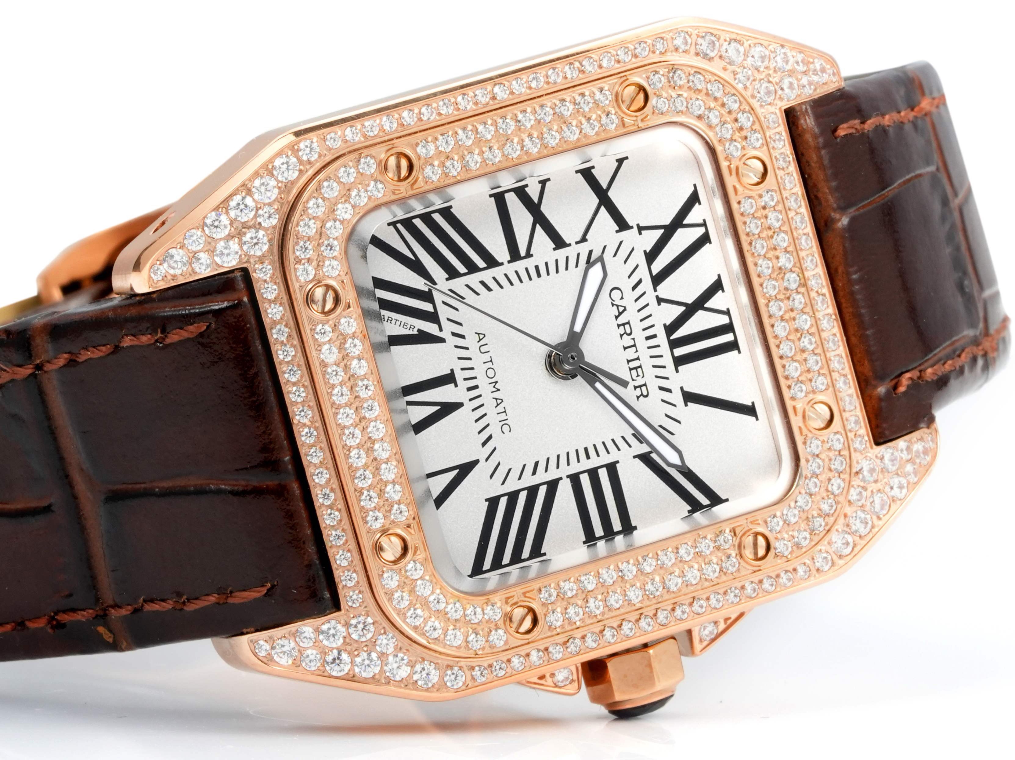 Cartier Santos 100th Anniversary Ladies Watch, Full Paved Diamond Bezel, 35.6mm