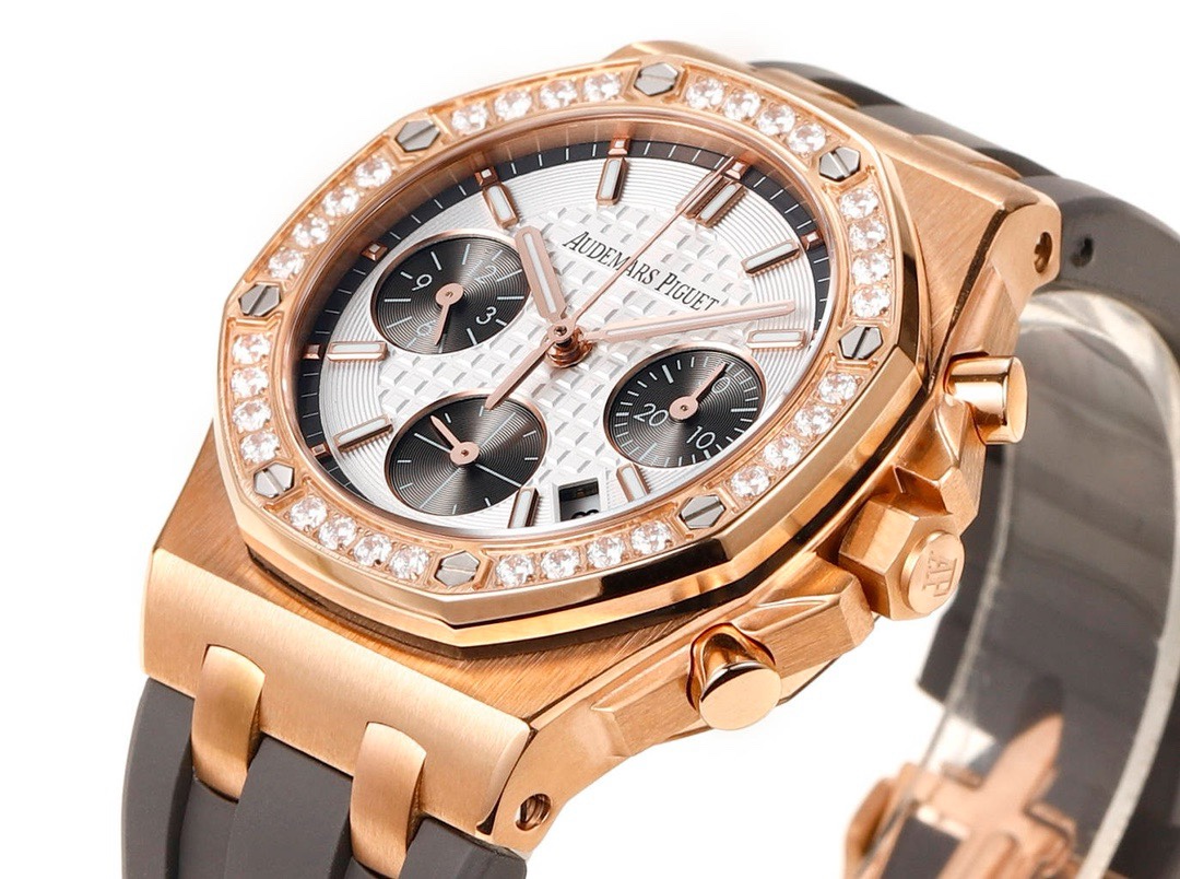 Audemars Piguet Royal Oak 37mm Ladies Automatic Chronograph Watch, Diamond Bezel Rubber Strap