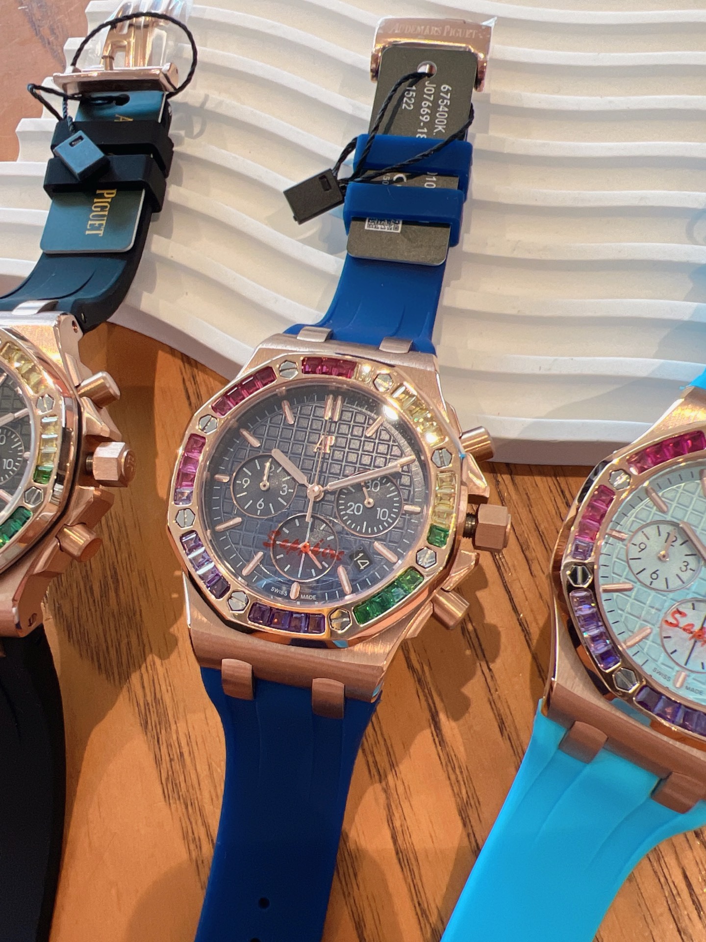 Audemars Piguet Royal Oak Offshore Ladies Watch 37mm, Rainbow Gemstone Bezel Rubber Strap Wristwatch