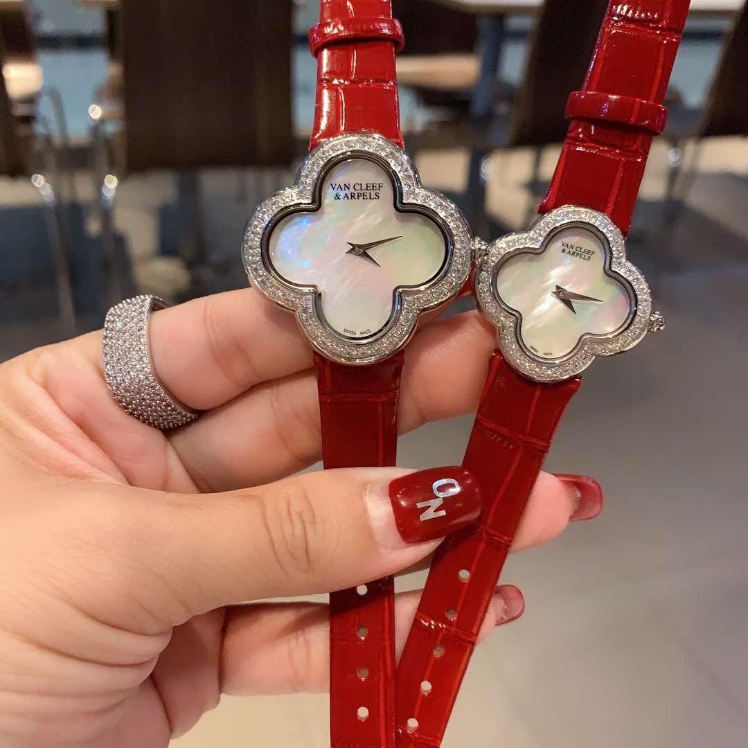 Van Cleef & Arpels Four Leaf Clover Women Watch, Mother Of Pearl Dial Leather Band Fashion Watch