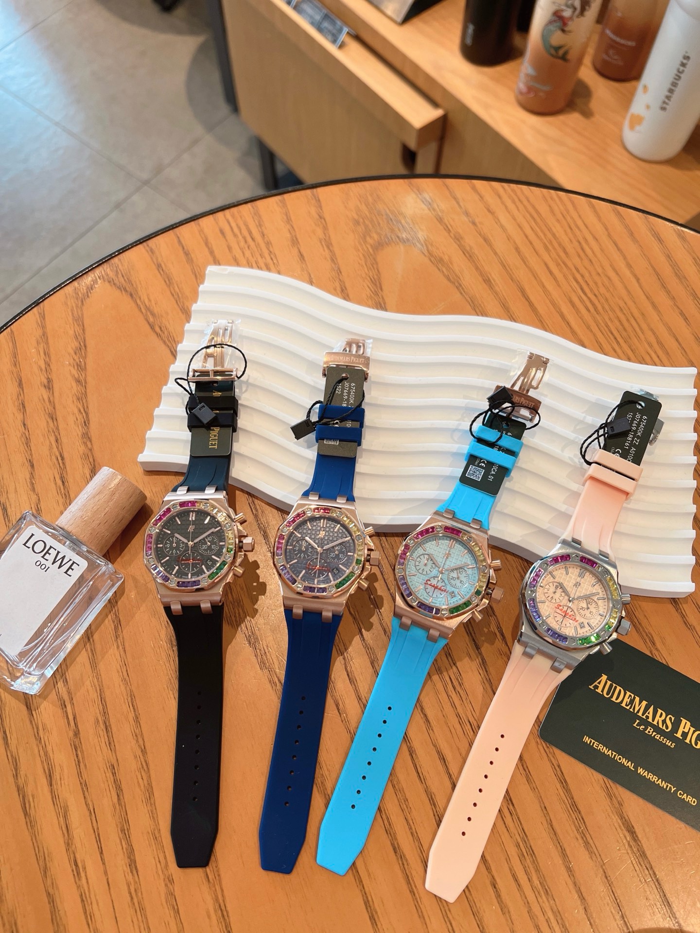 Audemars Piguet Royal Oak Offshore Ladies Watch 37mm, Rainbow Gemstone Bezel Rubber Strap Wristwatch
